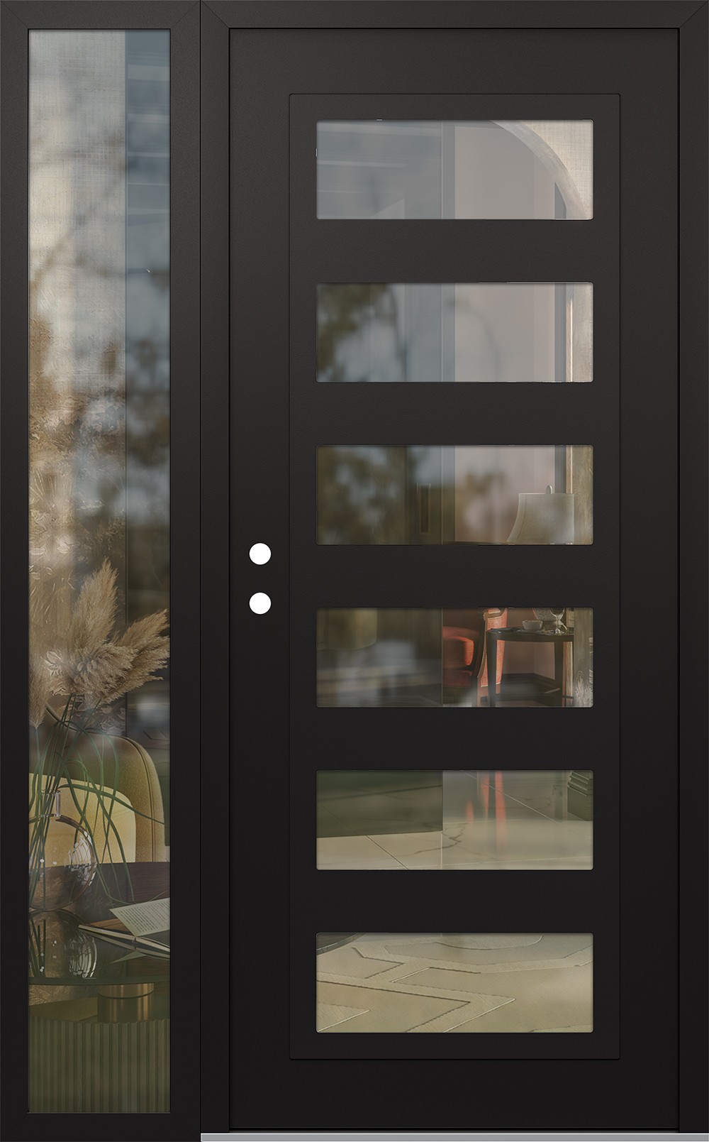 Modern Steel Front Door Diamond C9 50" x 80" black/black clear Glass Panel black RHI with Sidelite clear Glass