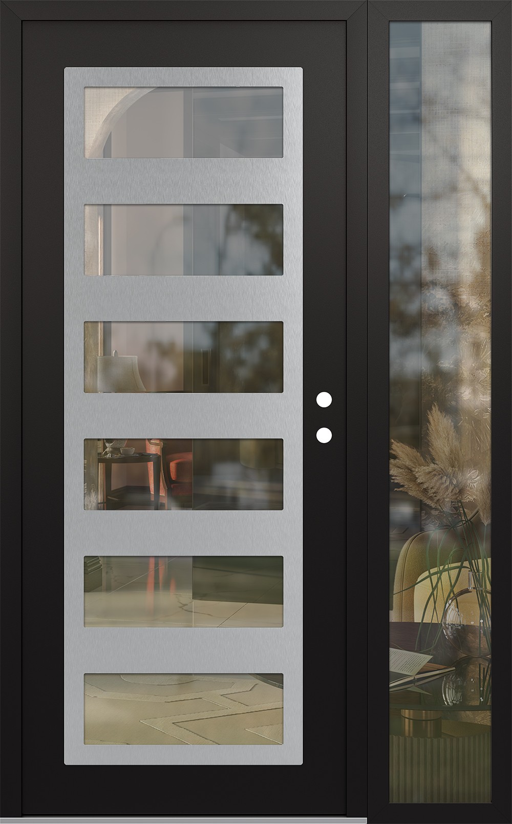 Modern Steel Front Door Diamond C9 50" x 80" black/black clear Glass Panel stainless steel LHI with Sidelite clear Glass