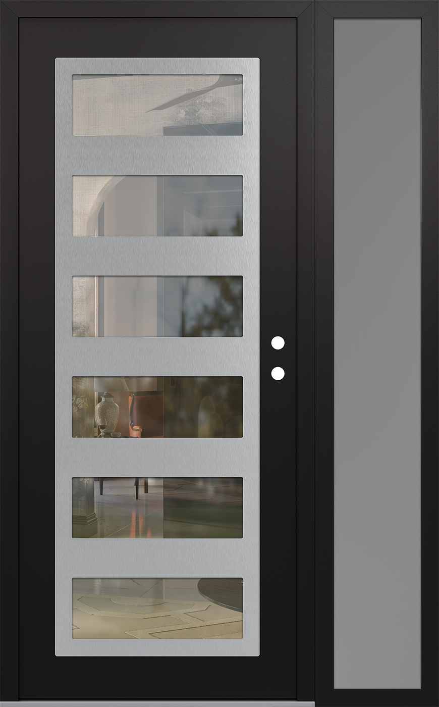 Modern Steel Front Door Diamond C9 50" x 80" black/black clear Glass Panel stainless steel LHI with Sidelite frosted Glass