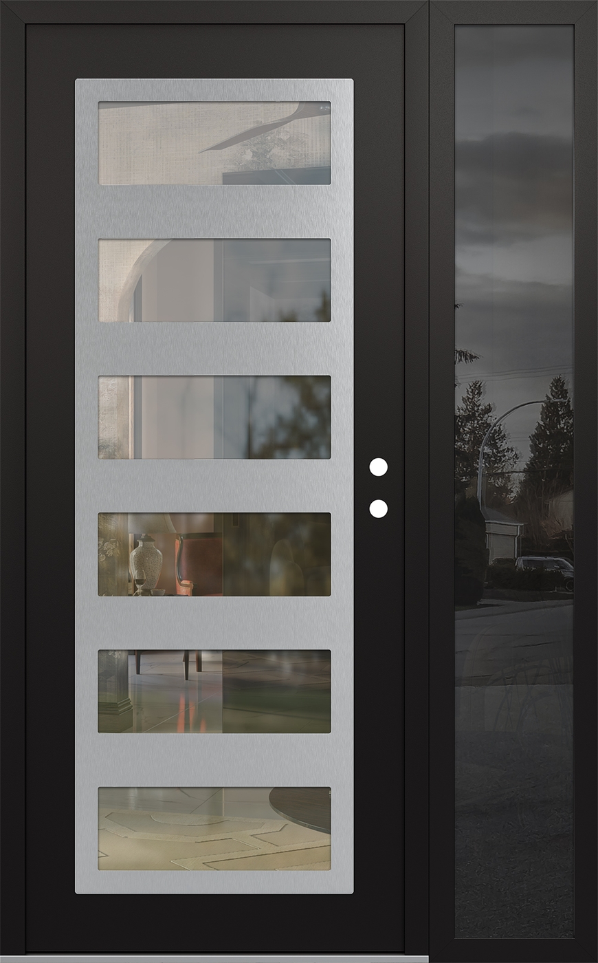 Modern Steel Front Door Diamond C9 50" x 80" black/black clear Glass Panel stainless steel LHI with Sidelite mirrored Glass
