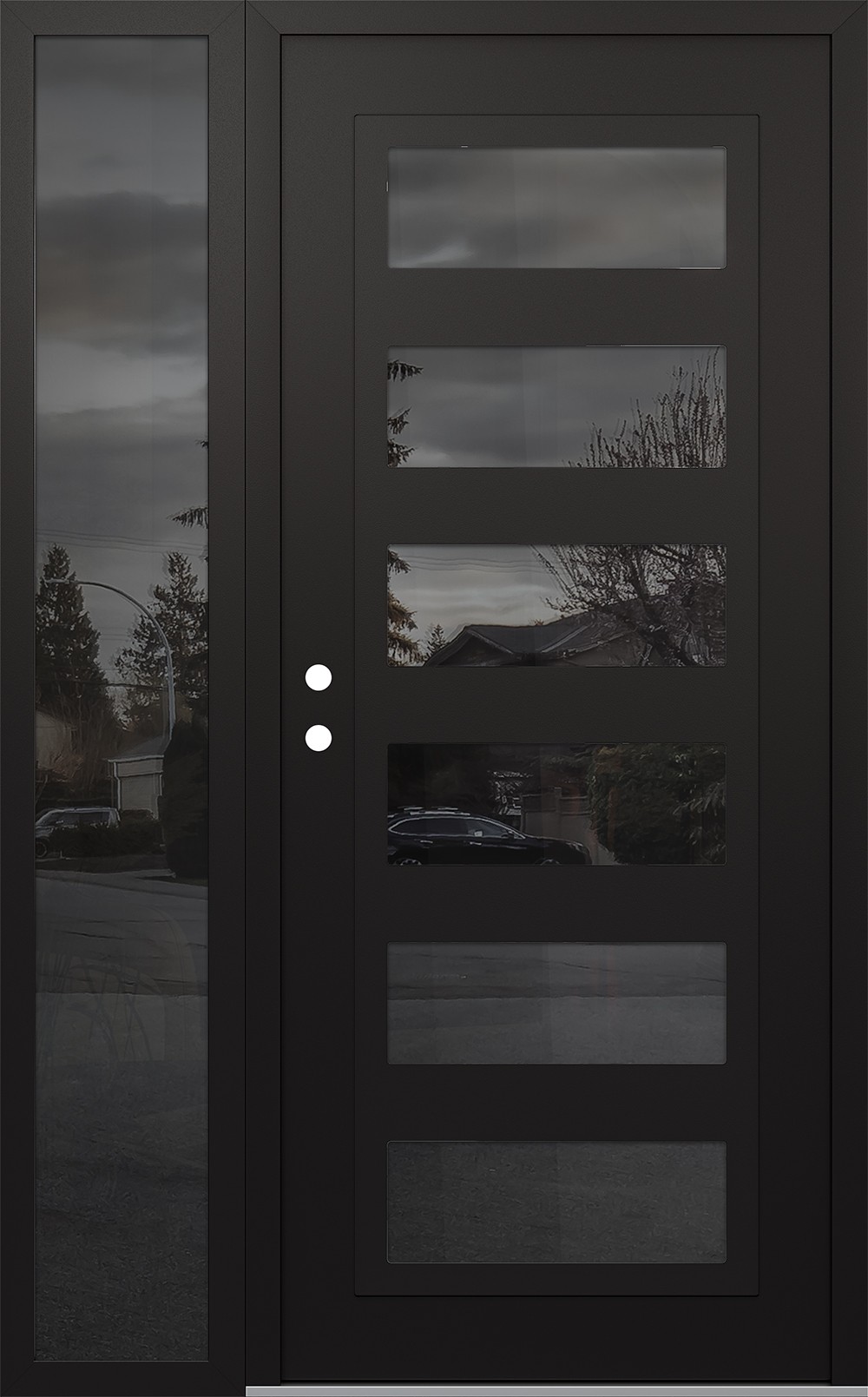 Modern Steel Front Door Diamond C9 50" x 80" black/black mirrored Glass Panel black RHI with Sidelite mirrored Glass