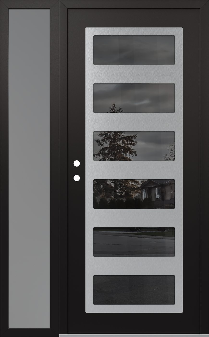 Modern Steel Front Door Diamond C9 50" x 80" black/black mirrored Glass Panel stainless steel RHI with Sidelite frosted Glass