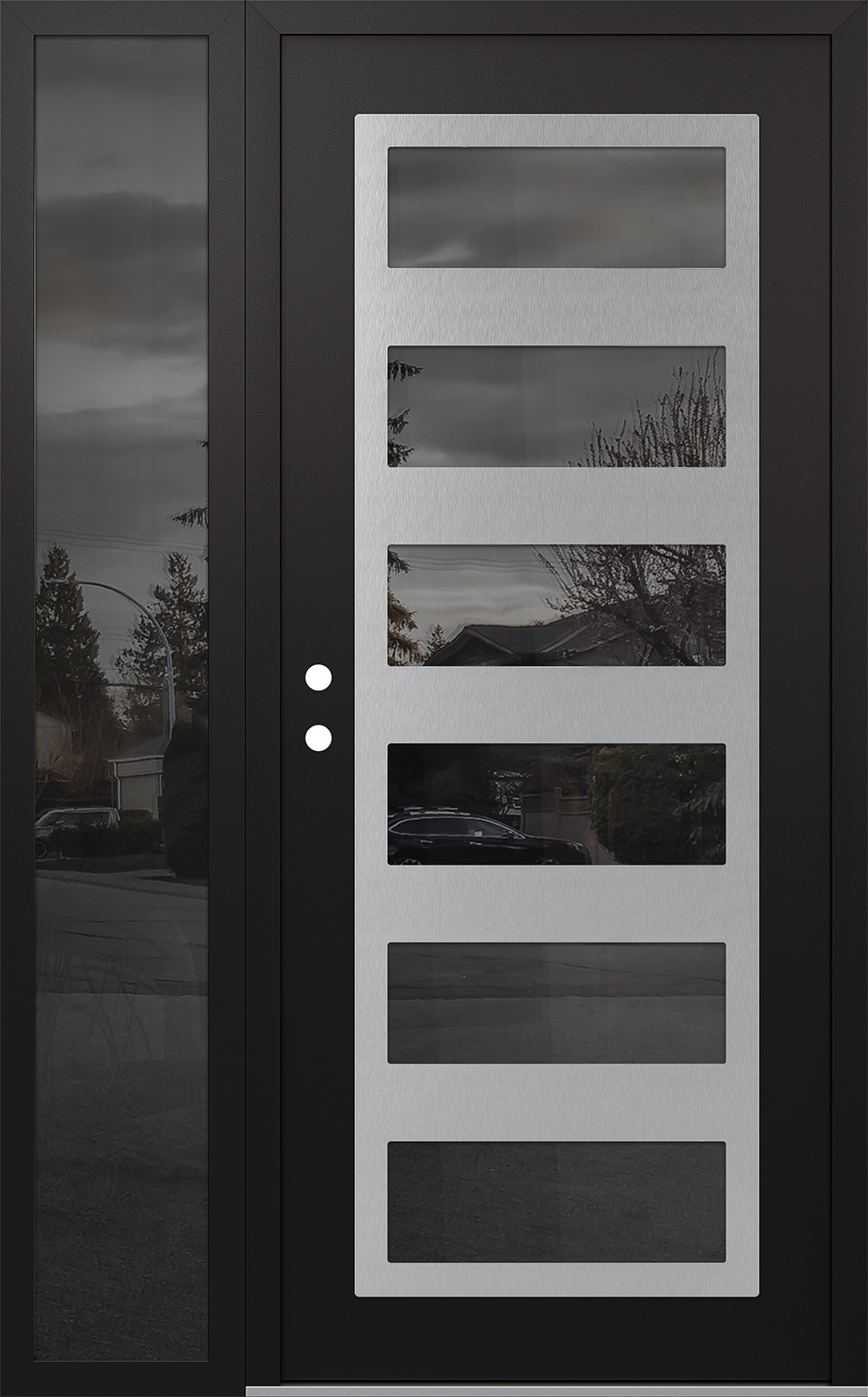Modern Steel Front Door Diamond C9 50" x 80" black/black mirrored Glass Panel stainless steel RHI with Sidelite mirrored Glass