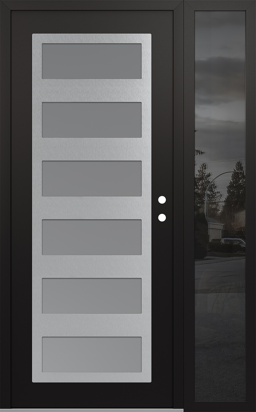 Modern Steel Front Door Diamond C9 50" x 80" black/white frosted Glass Panel stainless steel LHI with Sidelite mirrored Glass