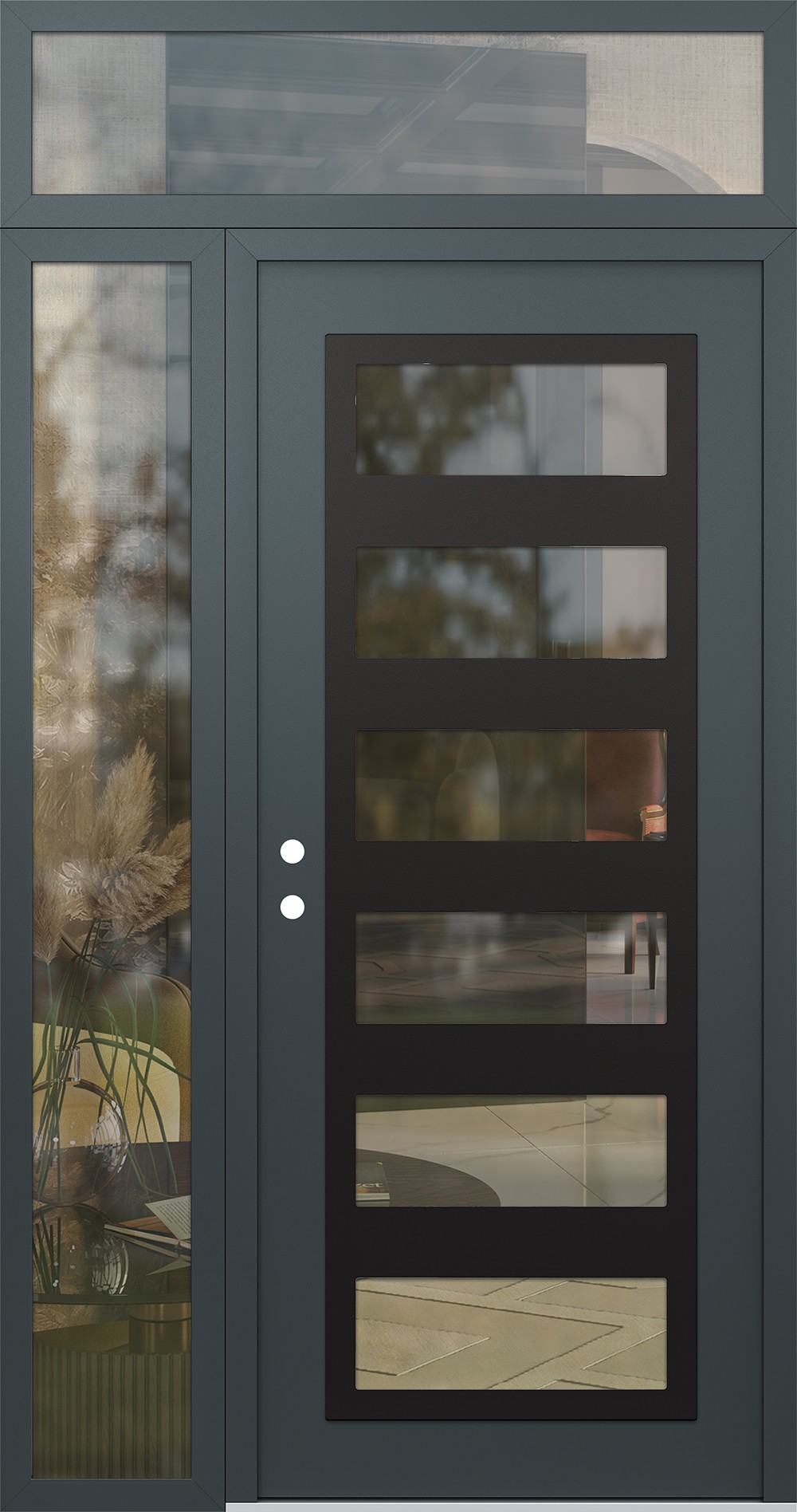 Modern Steel Front Door Diamond C9 50" x 96" anthracite/anthracite clear Glass Panel black RHI with Sidelite and Transom clear Glass
