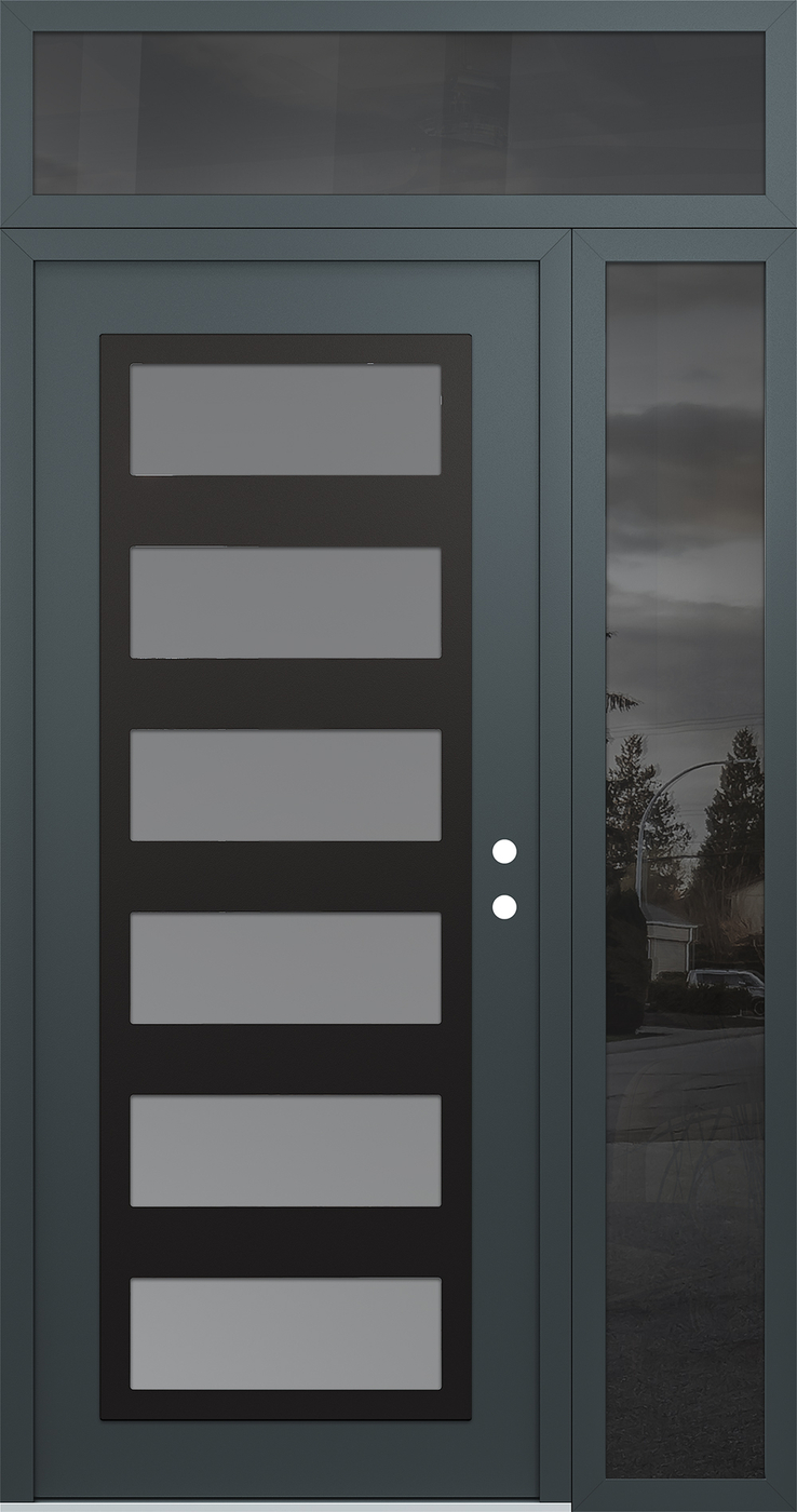 Modern Steel Front Door Diamond C9 50" x 96" anthracite/anthracite frosted Glass Panel black LHI with Sidelite and Transom mirrored Glass