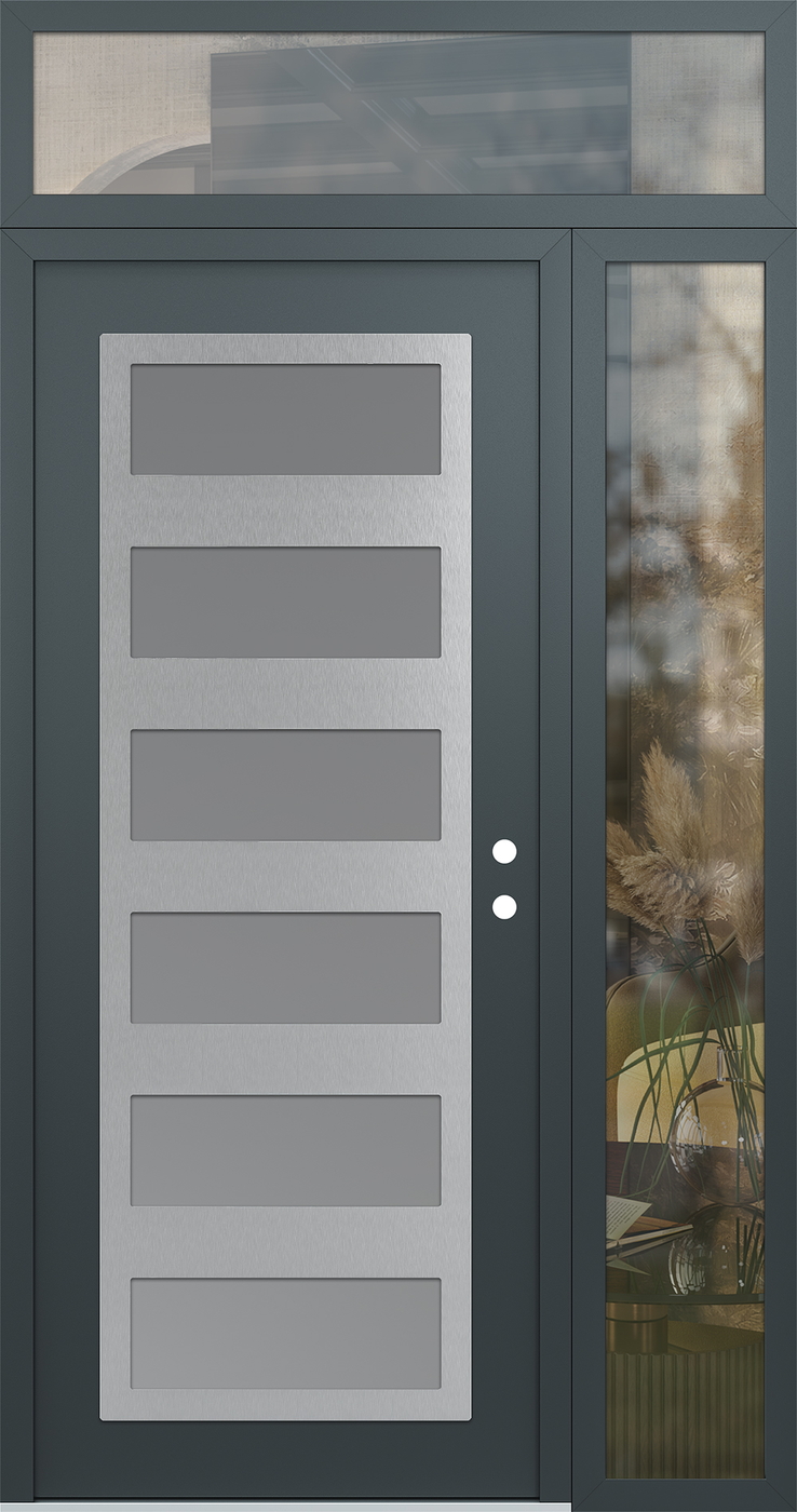 Modern Steel Front Door Diamond C9 50" x 96" anthracite/anthracite frosted Glass Panel stainless steel LHI with Sidelite and Transom clear Glass