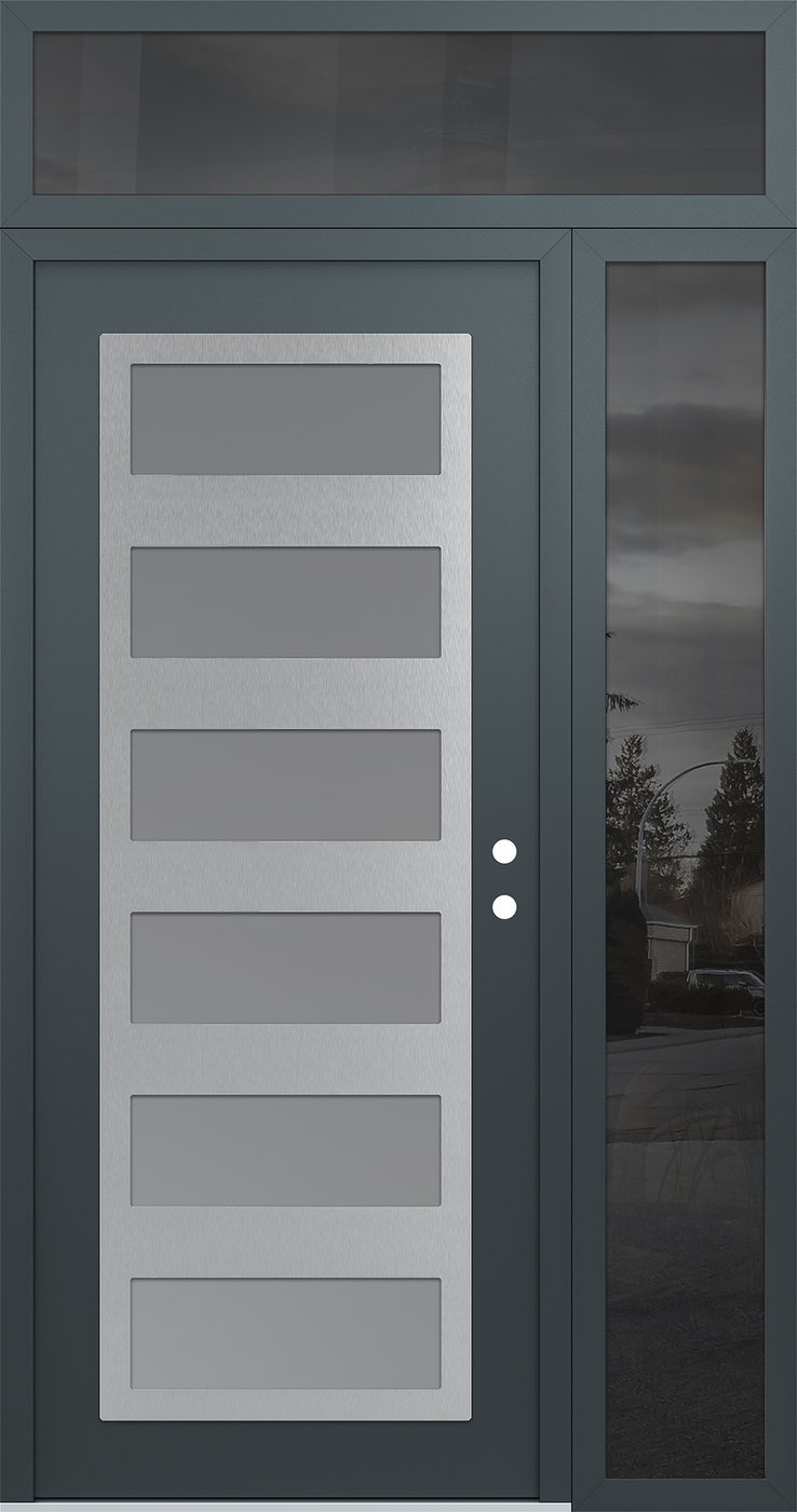 Modern Steel Front Door Diamond C9 50" x 96" anthracite/anthracite frosted Glass Panel stainless steel LHI with Sidelite and Transom mirrored Glass