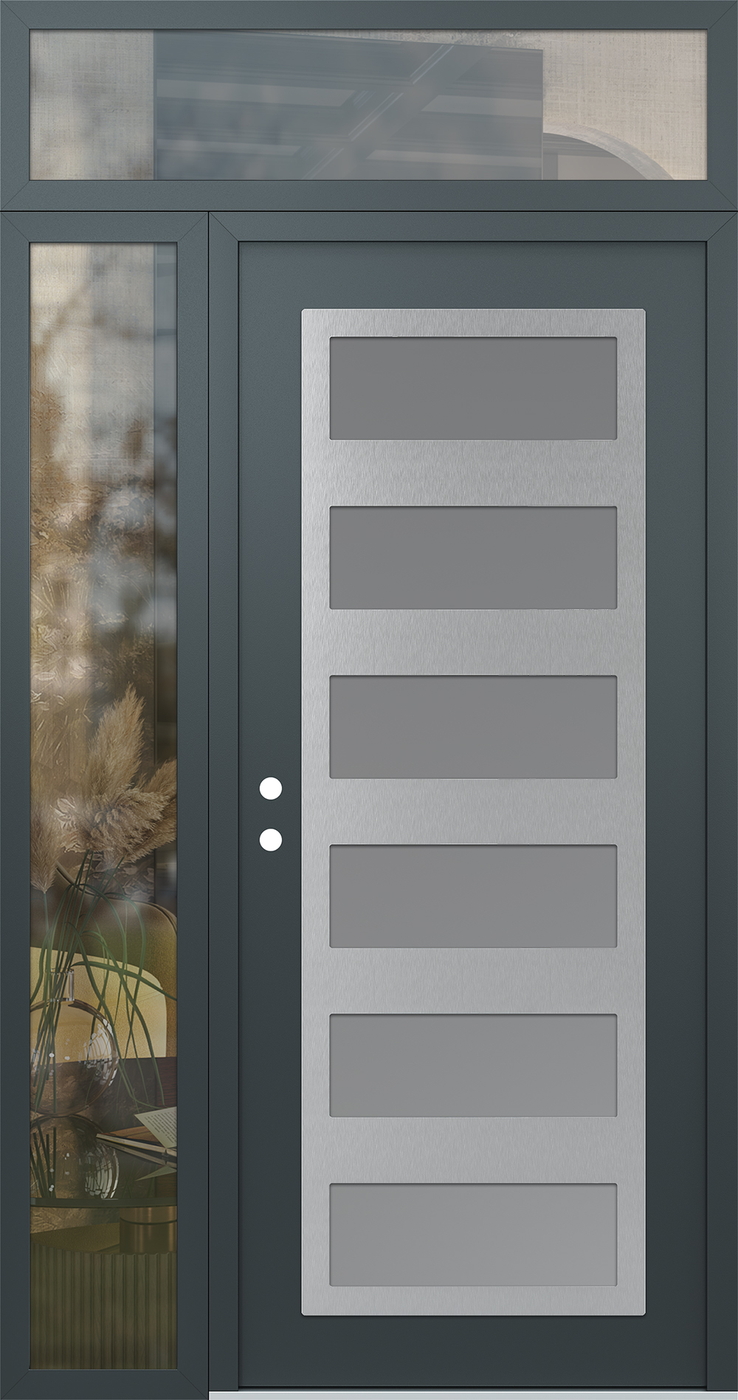 Modern Steel Front Door Diamond C9 50" x 96" anthracite/anthracite frosted Glass Panel stainless steel RHI with Sidelite and Transom clear Glass