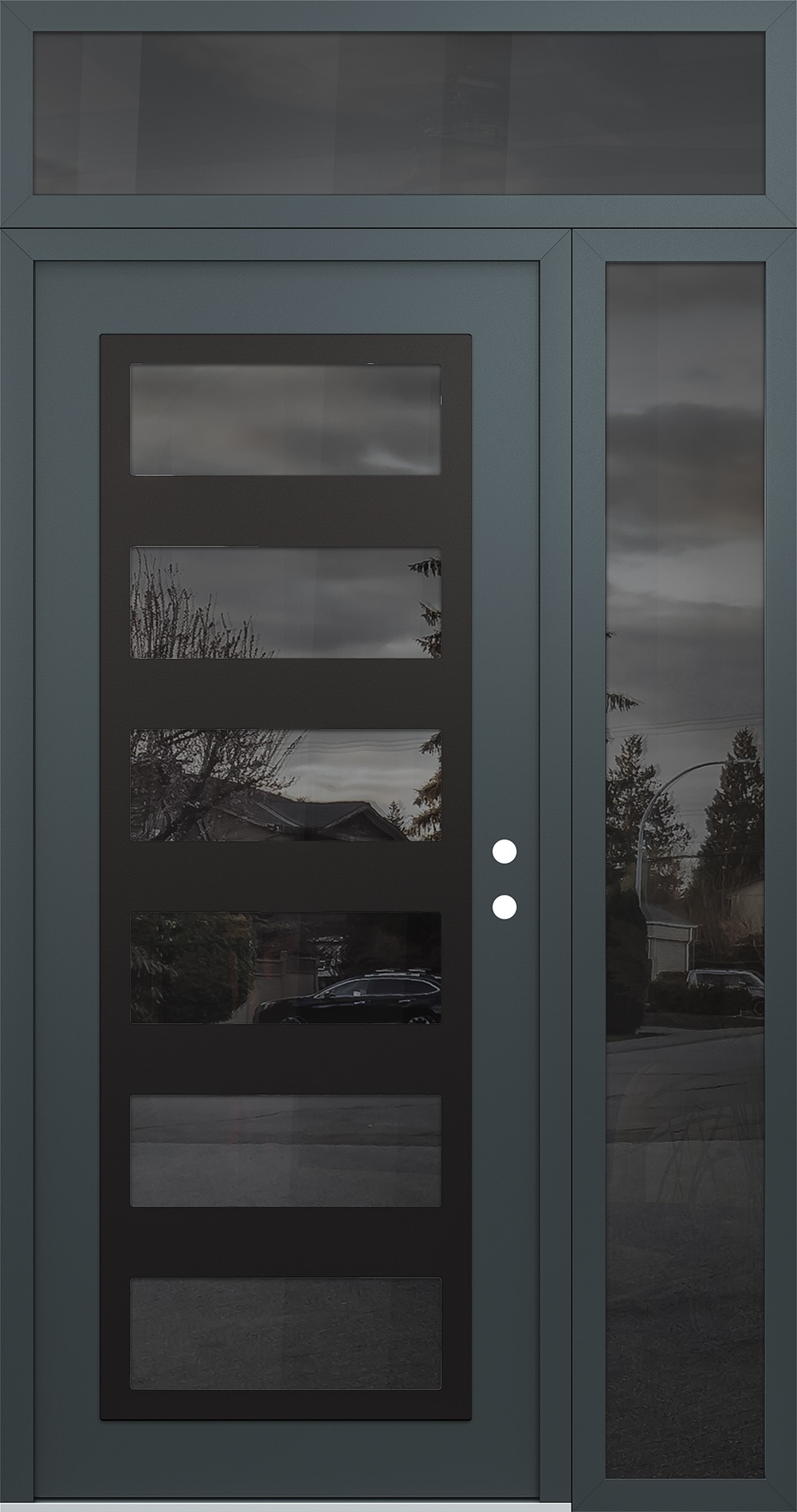 Modern Steel Front Door Diamond C9 50" x 96" anthracite/anthracite mirrored Glass Panel black LHI with Sidelite and Transom mirrored Glass