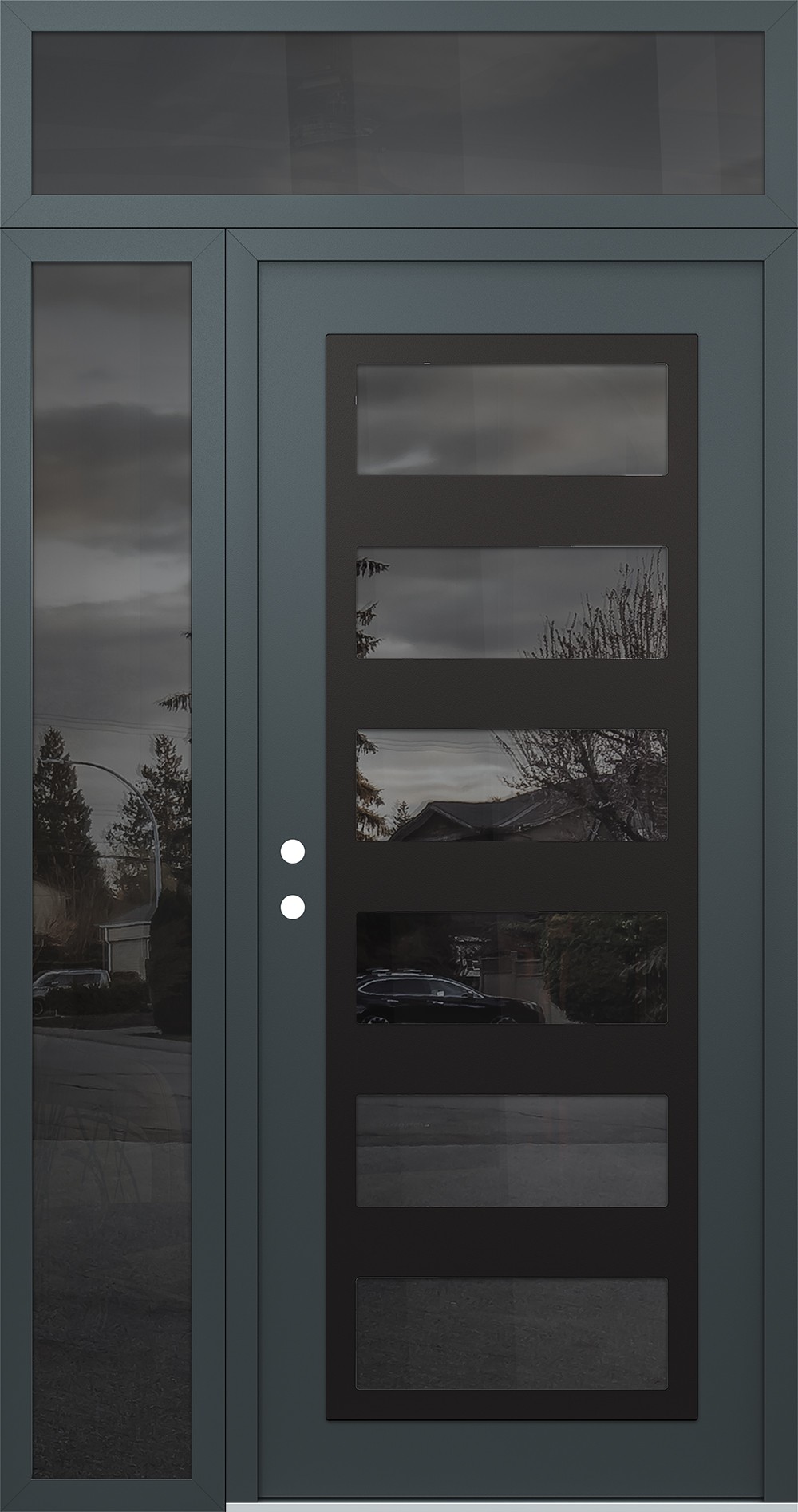 Modern Steel Front Door Diamond C9 50" x 96" anthracite/anthracite mirrored Glass Panel black RHI with Sidelite and Transom mirrored Glass