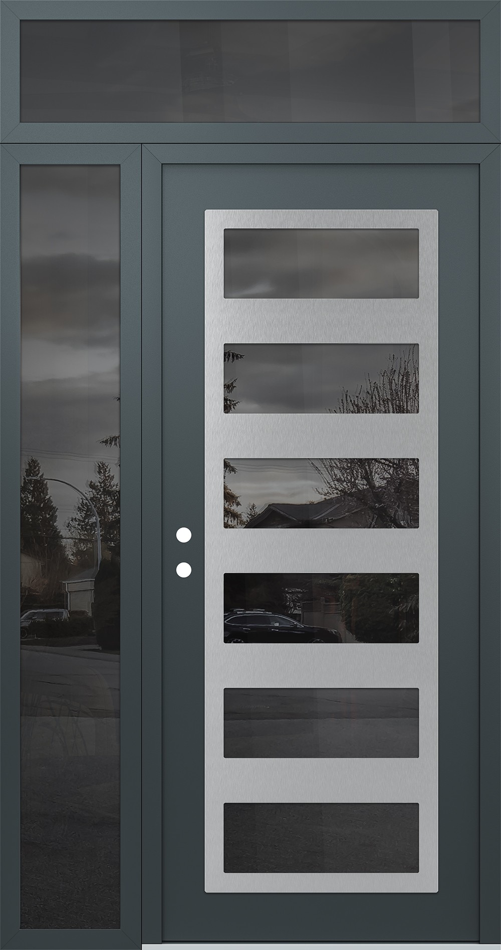 Modern Steel Front Door Diamond C9 50" x 96" anthracite/anthracite mirrored Glass Panel stainless steel RHI with Sidelite and Transom mirrored Glass