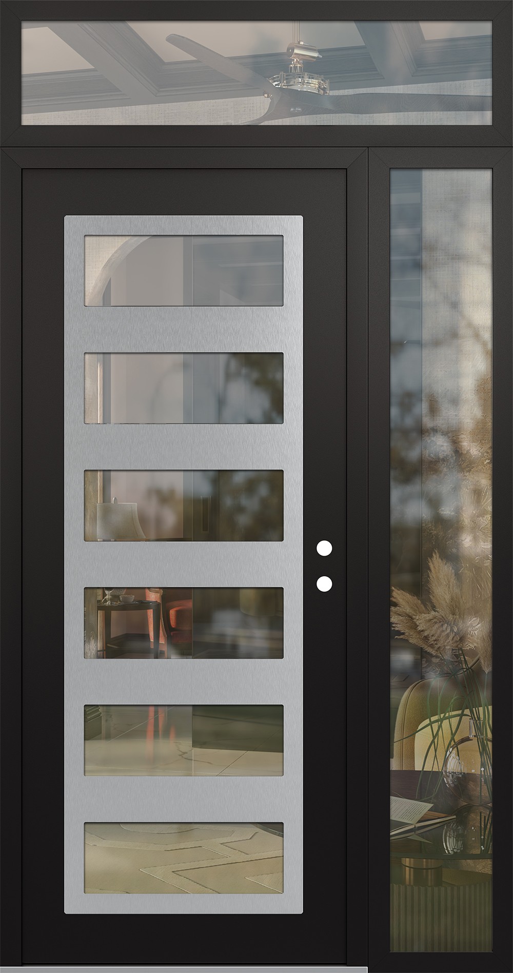 Modern Steel Front Door Diamond C9 50" x 96" black/black clear Glass Panel stainless steel LHI with Sidelite and Transom clear Glass