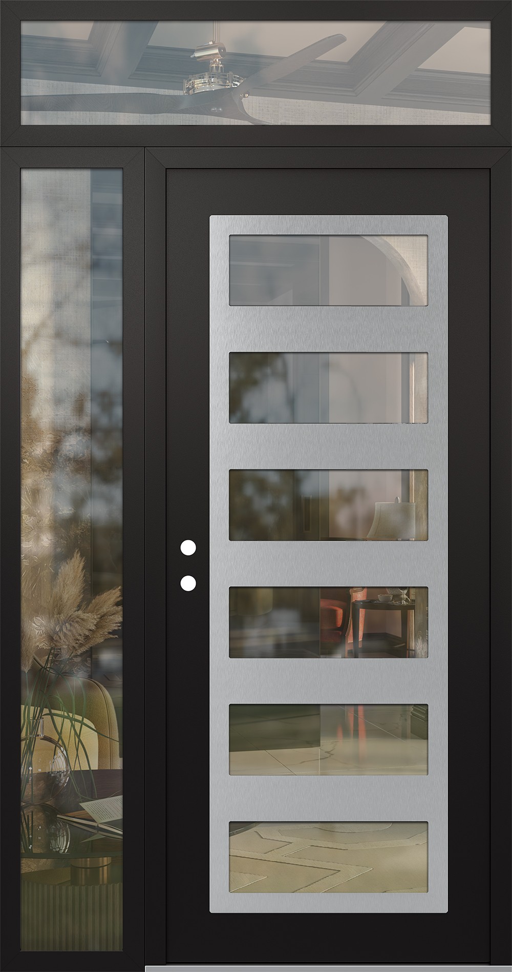 Modern Steel Front Door Diamond C9 50" x 96" black/black clear Glass Panel stainless steel RHI with Sidelite and Transom clear Glass