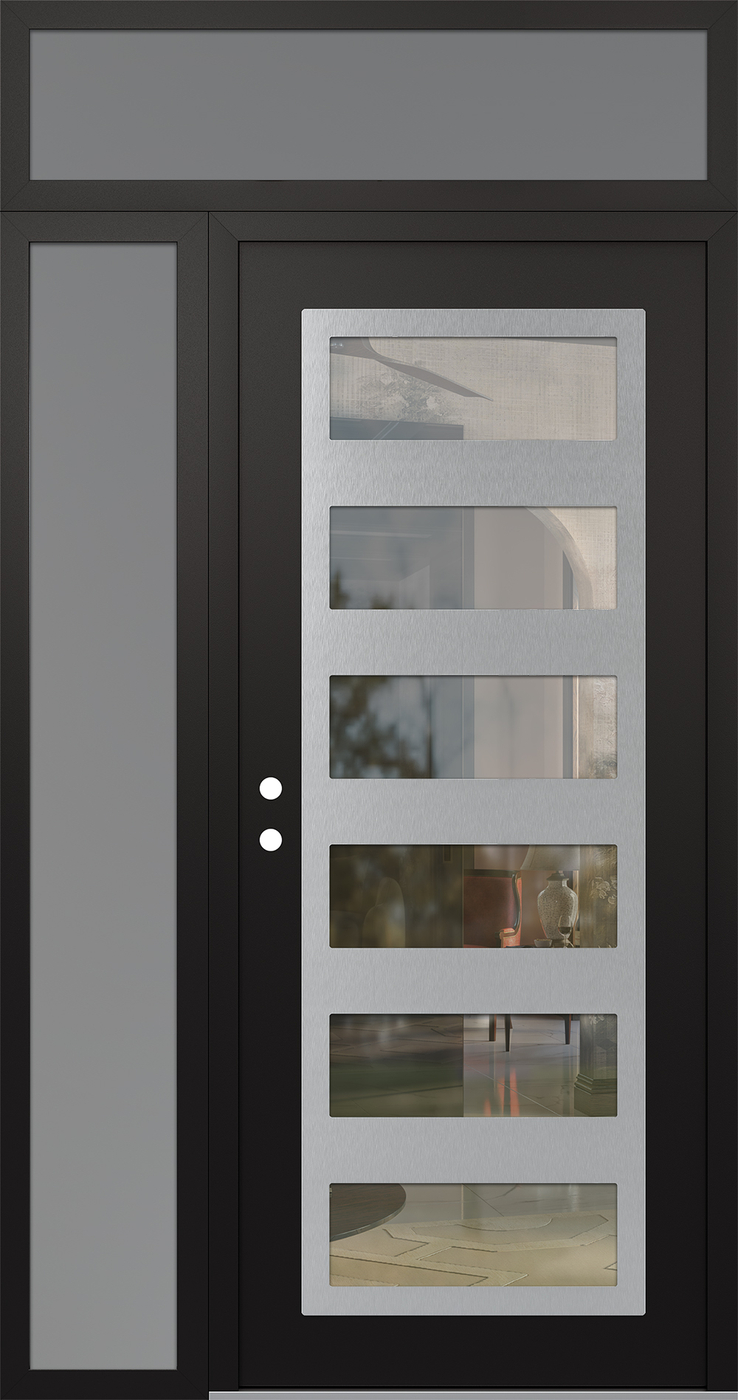 Modern Steel Front Door Diamond C9 50" x 96" black/black clear Glass Panel stainless steel RHI with Sidelite and Transom frosted Glass