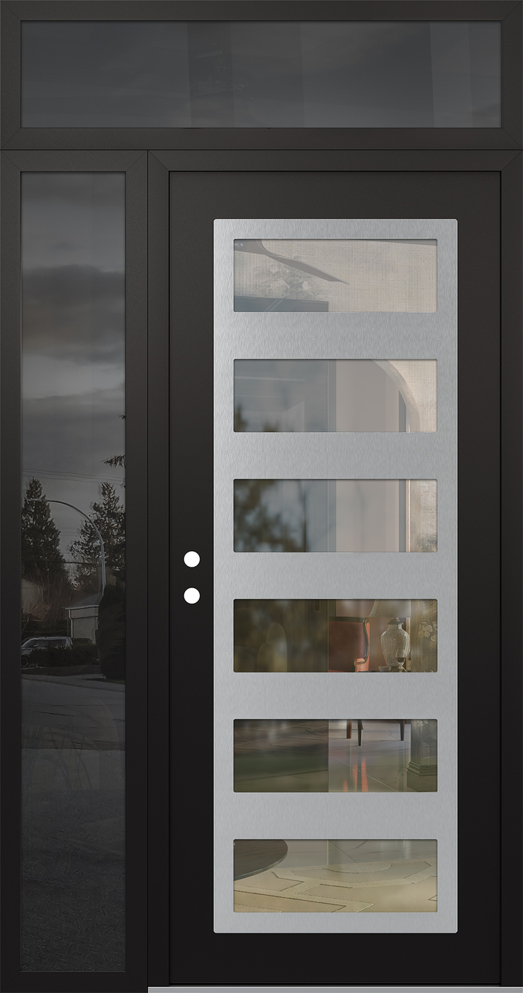 Modern Steel Front Door Diamond C9 50" x 96" black/black clear Glass Panel stainless steel RHI with Sidelite and Transom mirrored Glass