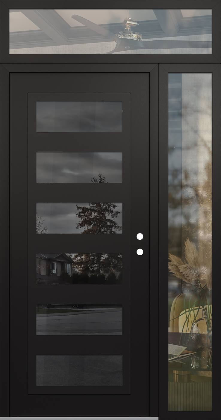 Modern Steel Front Door Diamond C9 50" x 96" black/black mirrored Glass Panel black LHI with Sidelite and Transom clear Glass