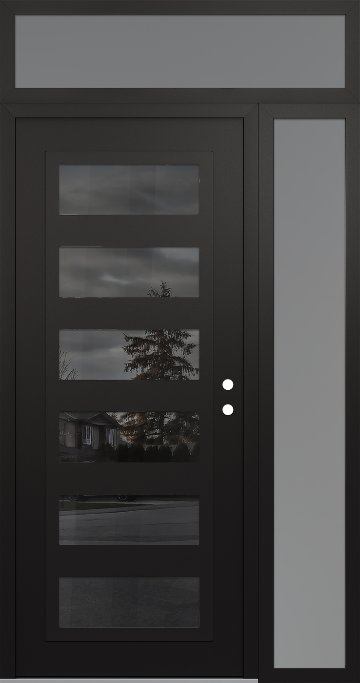 Modern Steel Front Door Diamond C9 50" x 96" black/black mirrored Glass Panel black LHI with Sidelite and Transom frosted Glass