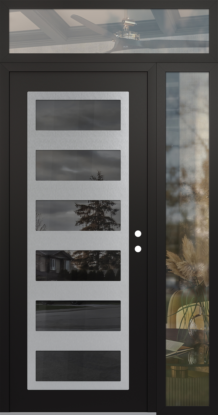 Modern Steel Front Door Diamond C9 50" x 96" black/black mirrored Glass Panel stainless steel LHI with Sidelite and Transom clear Glass