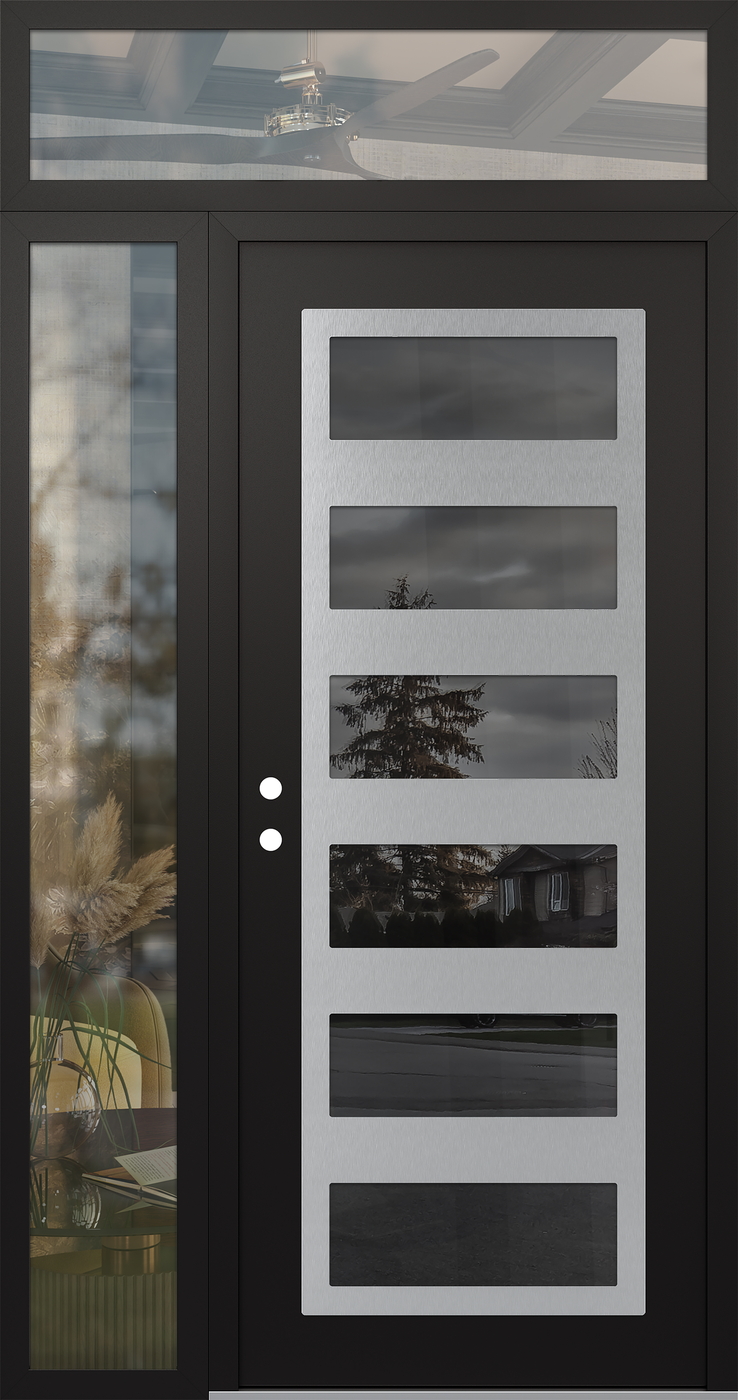 Modern Steel Front Door Diamond C9 50" x 96" black/black mirrored Glass Panel stainless steel RHI with Sidelite and Transom clear Glass