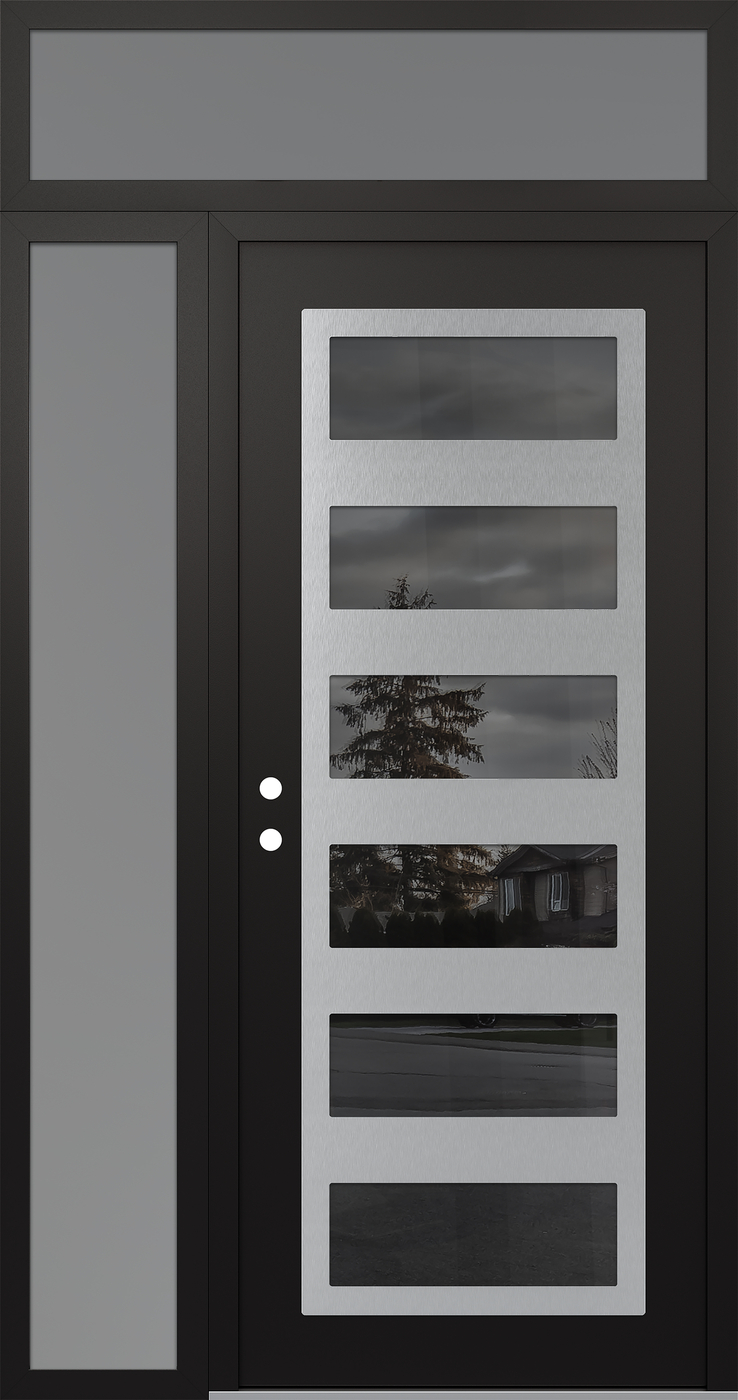 Modern Steel Front Door Diamond C9 50" x 96" black/black mirrored Glass Panel stainless steel RHI with Sidelite and Transom frosted Glass