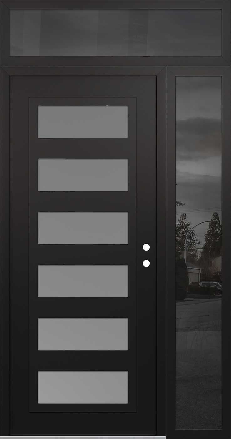 Modern Steel Front Door Diamond C9 50" x 96" black/white frosted Glass Panel black LHI with Sidelite and Transom mirrored Glass