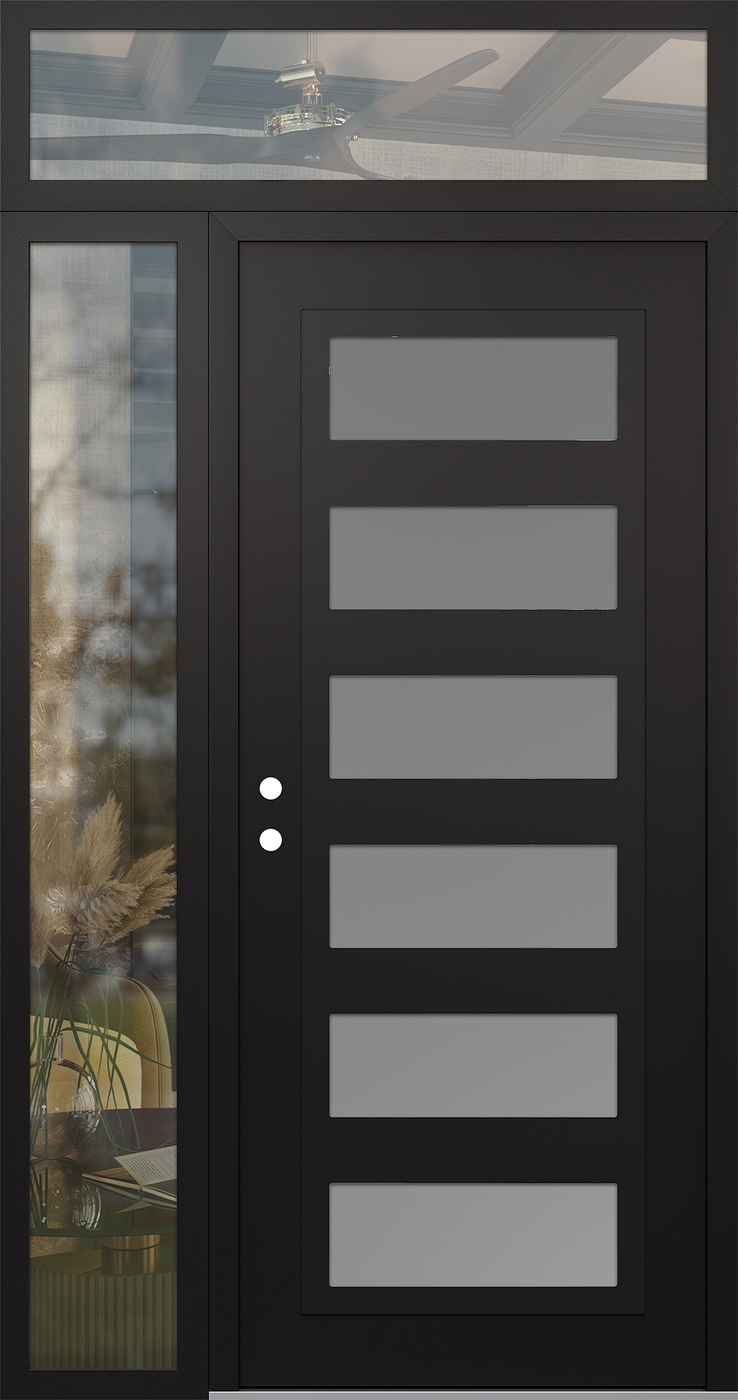 Modern Steel Front Door Diamond C9 50" x 96" black/white frosted Glass Panel black RHI with Sidelite and Transom clear Glass