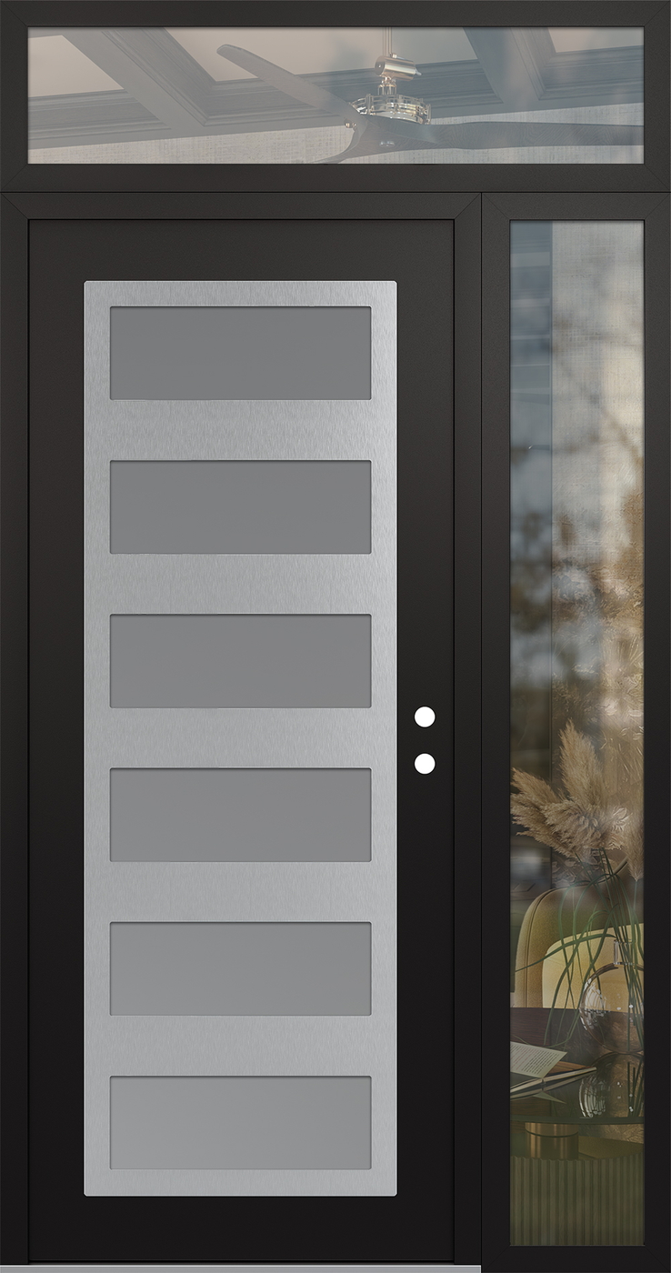 Modern Steel Front Door Diamond C9 50" x 96" black/white frosted Glass Panel stainless steel LHI with Sidelite and Transom clear Glass