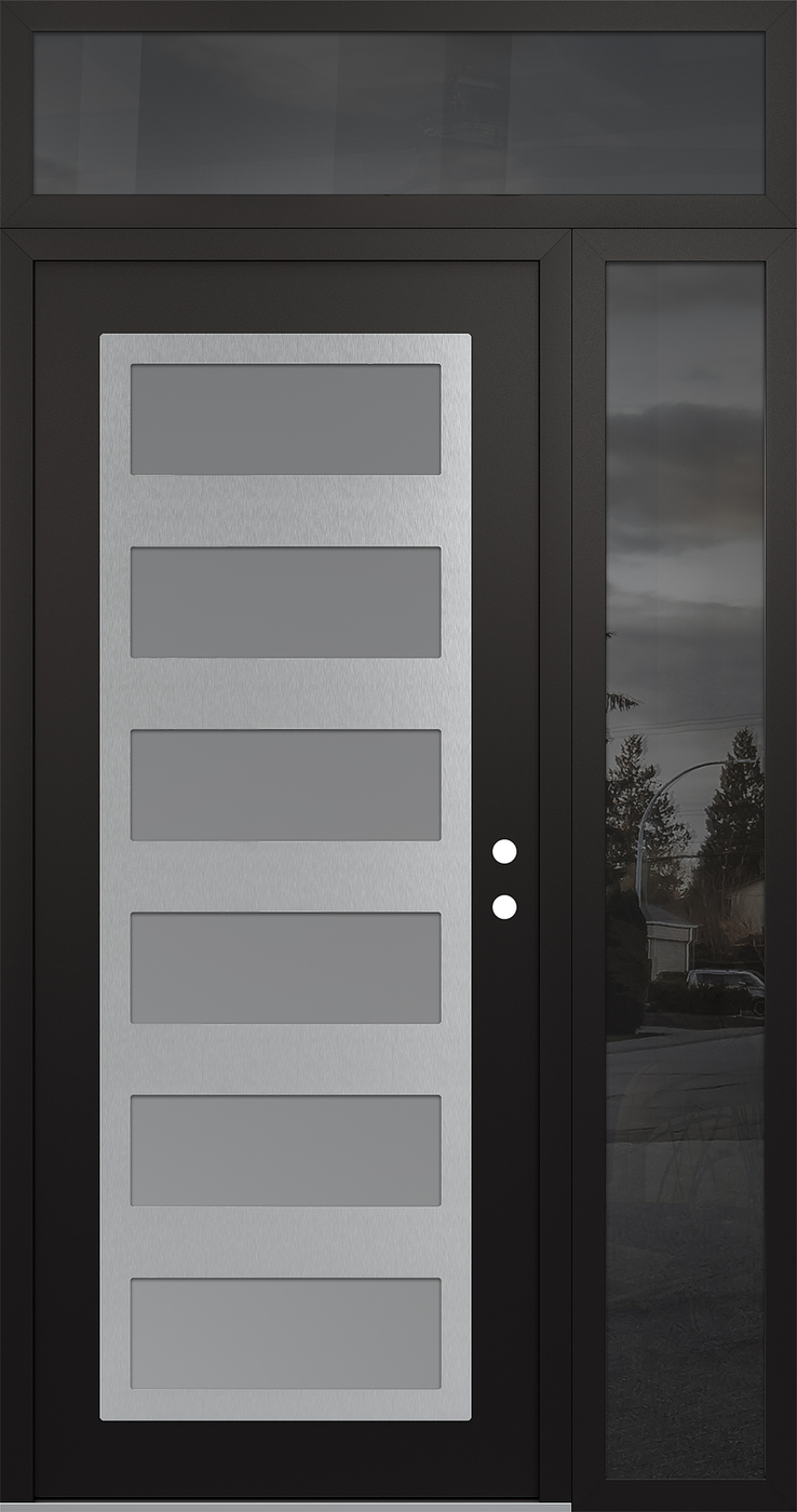 Modern Steel Front Door Diamond C9 50" x 96" black/white frosted Glass Panel stainless steel LHI with Sidelite and Transom mirrored Glass