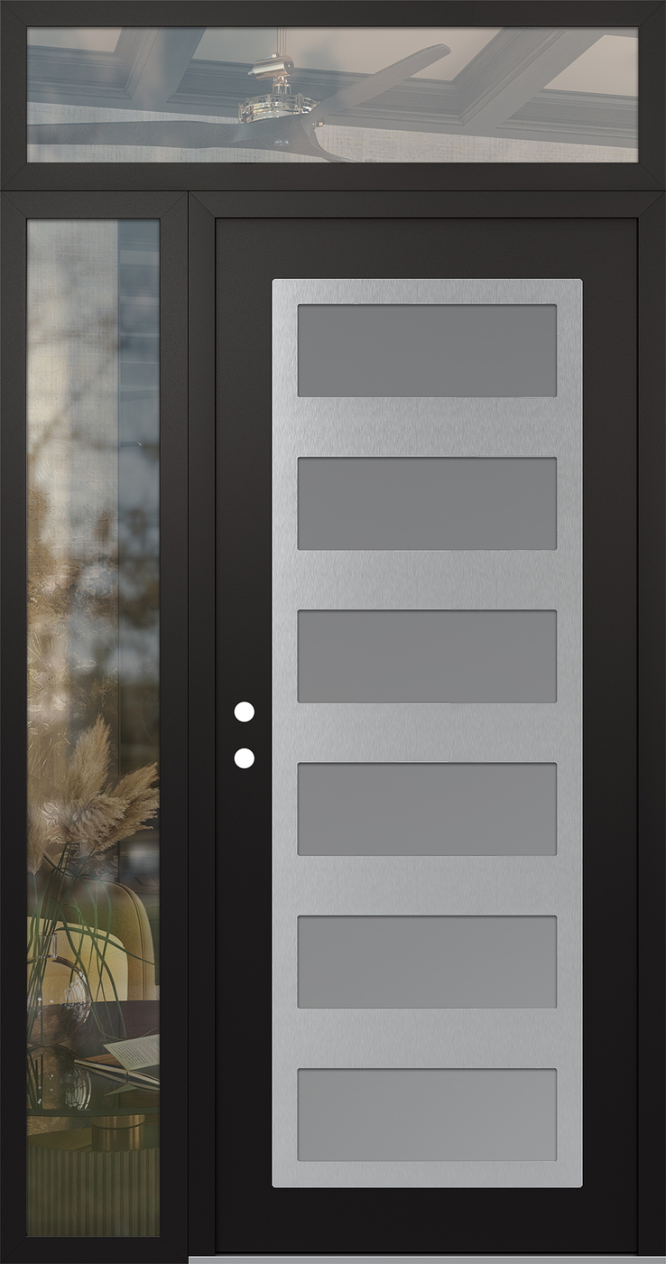 Modern Steel Front Door Diamond C9 50" x 96" black/white frosted Glass Panel stainless steel RHI with Sidelite and Transom clear Glass