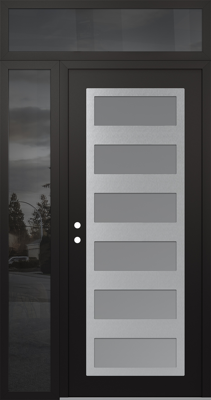 Modern Steel Front Door Diamond C9 50" x 96" black/white frosted Glass Panel stainless steel RHI with Sidelite and Transom mirrored Glass