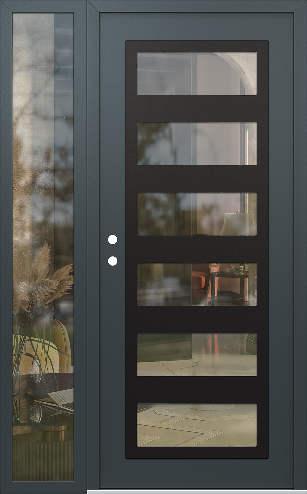 Modern Steel Front Door Diamond C9 52" x 80" anthracite/anthracite clear Glass Panel black RHI with Sidelite clear Glass
