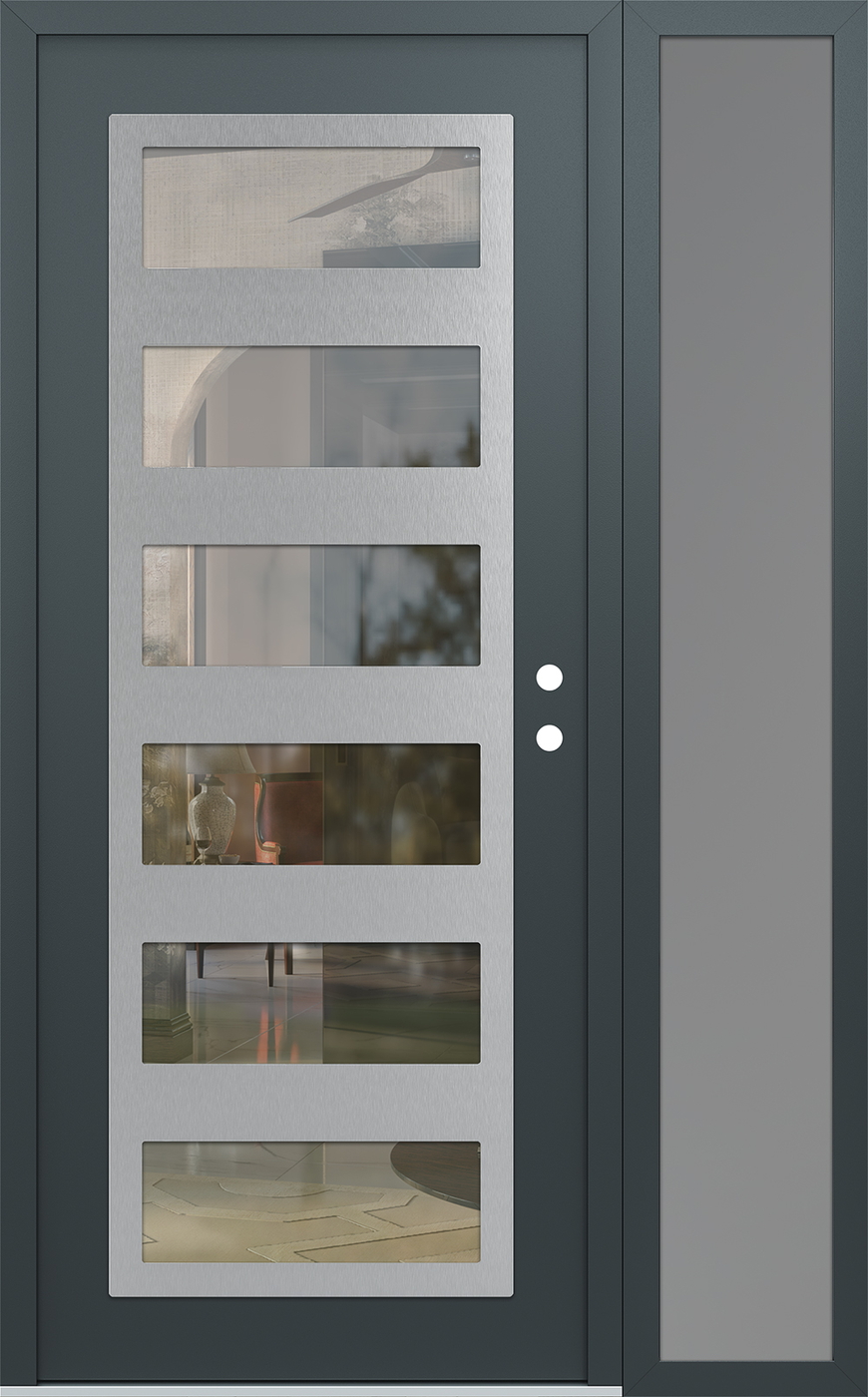 Modern Steel Front Door Diamond C9 52" x 80" anthracite/anthracite clear Glass Panel stainless steel LHI with Sidelite frosted Glass