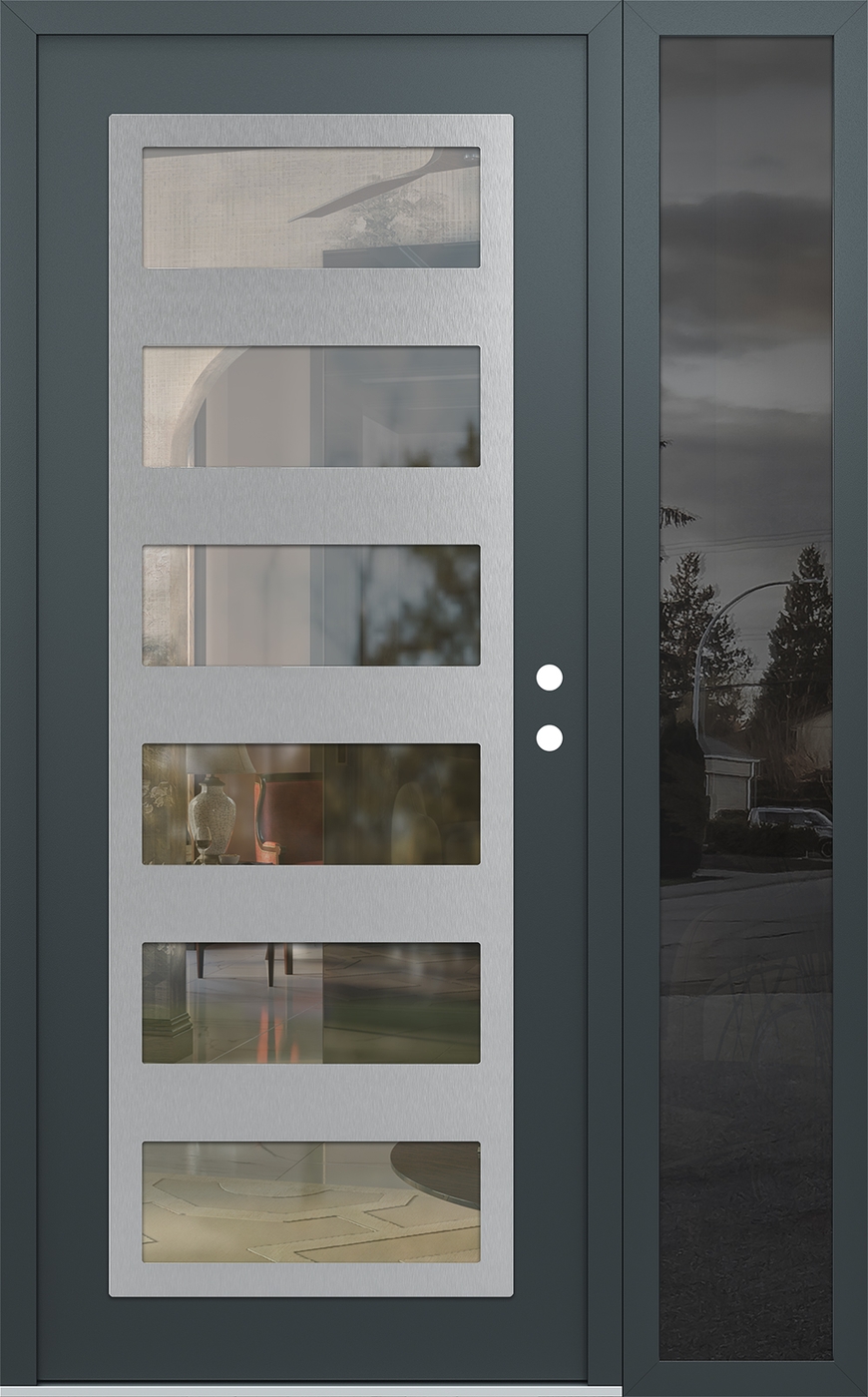 Modern Steel Front Door Diamond C9 52" x 80" anthracite/anthracite clear Glass Panel stainless steel LHI with Sidelite mirrored Glass