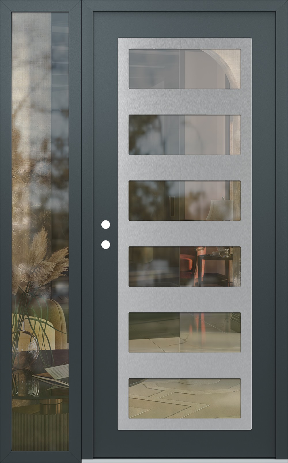 Modern Steel Front Door Diamond C9 52" x 80" anthracite/anthracite clear Glass Panel stainless steel RHI with Sidelite clear Glass