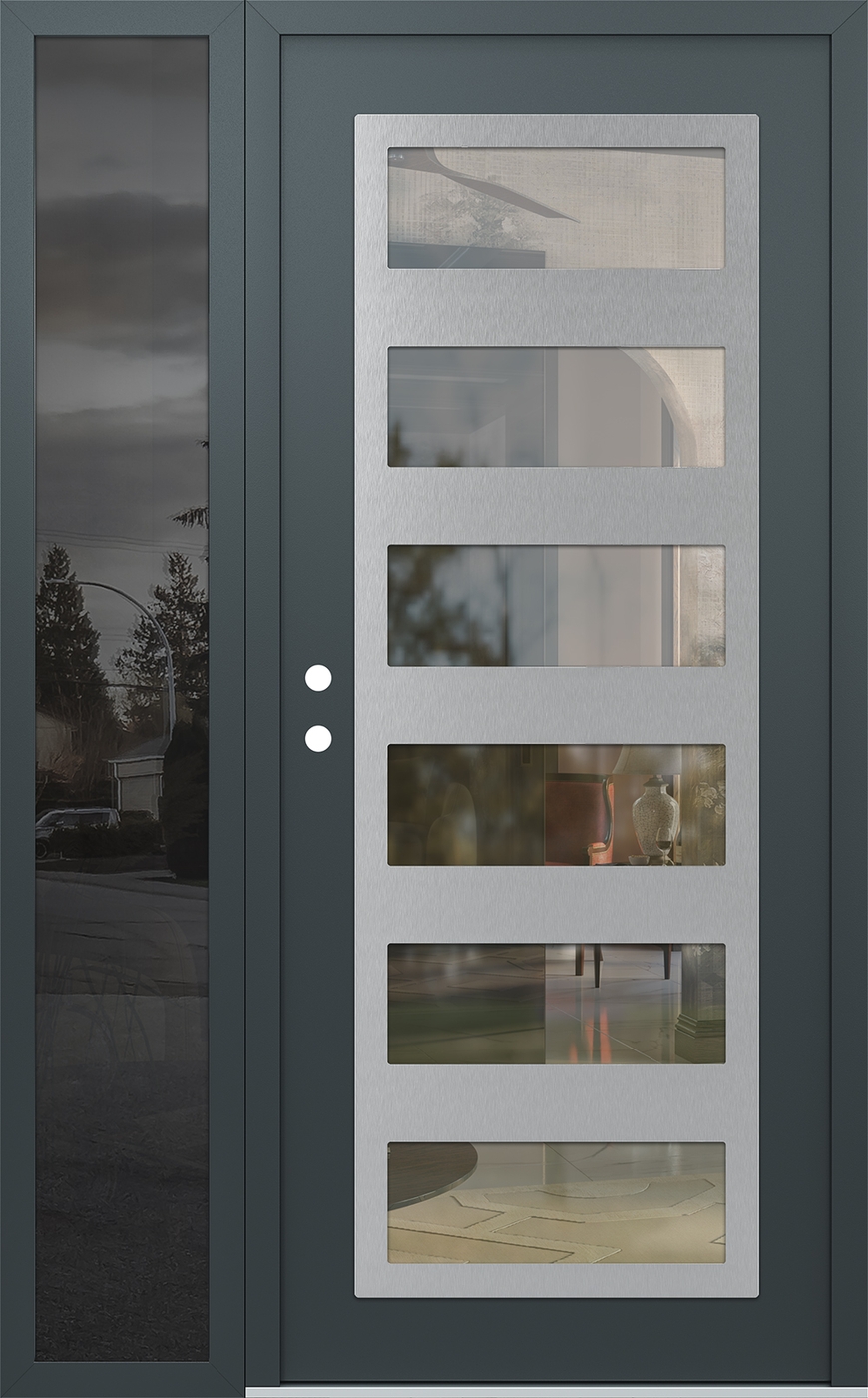 Modern Steel Front Door Diamond C9 52" x 80" anthracite/anthracite clear Glass Panel stainless steel RHI with Sidelite mirrored Glass