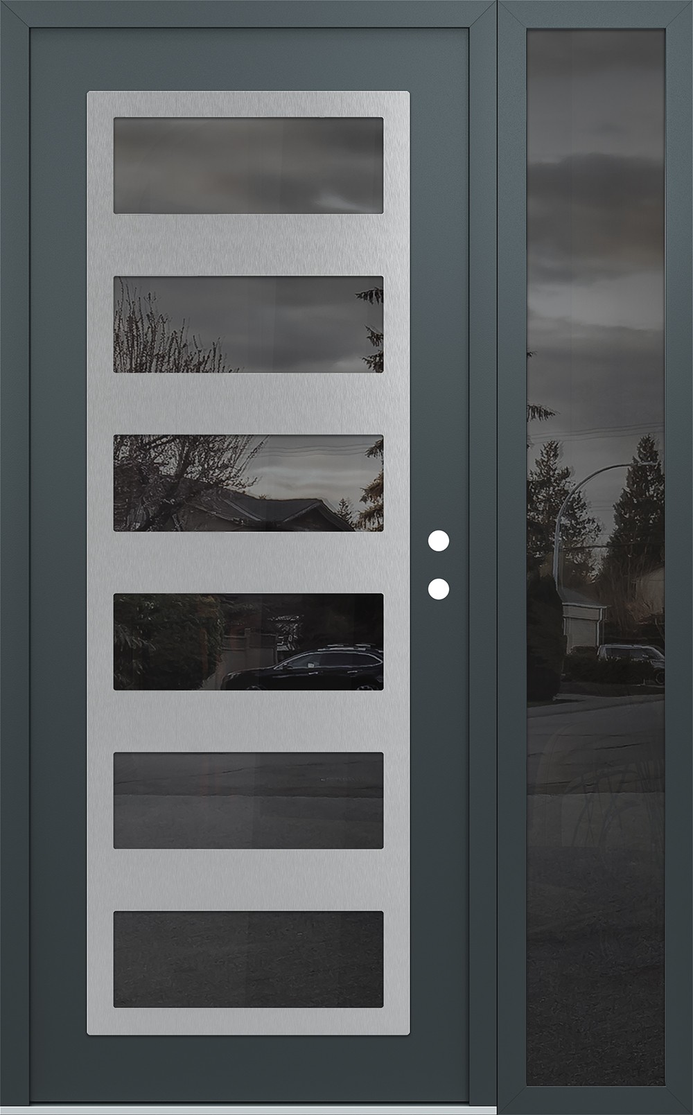 Modern Steel Front Door Diamond C9 52" x 80" anthracite/anthracite mirrored Glass Panel stainless steel LHI with Sidelite mirrored Glass