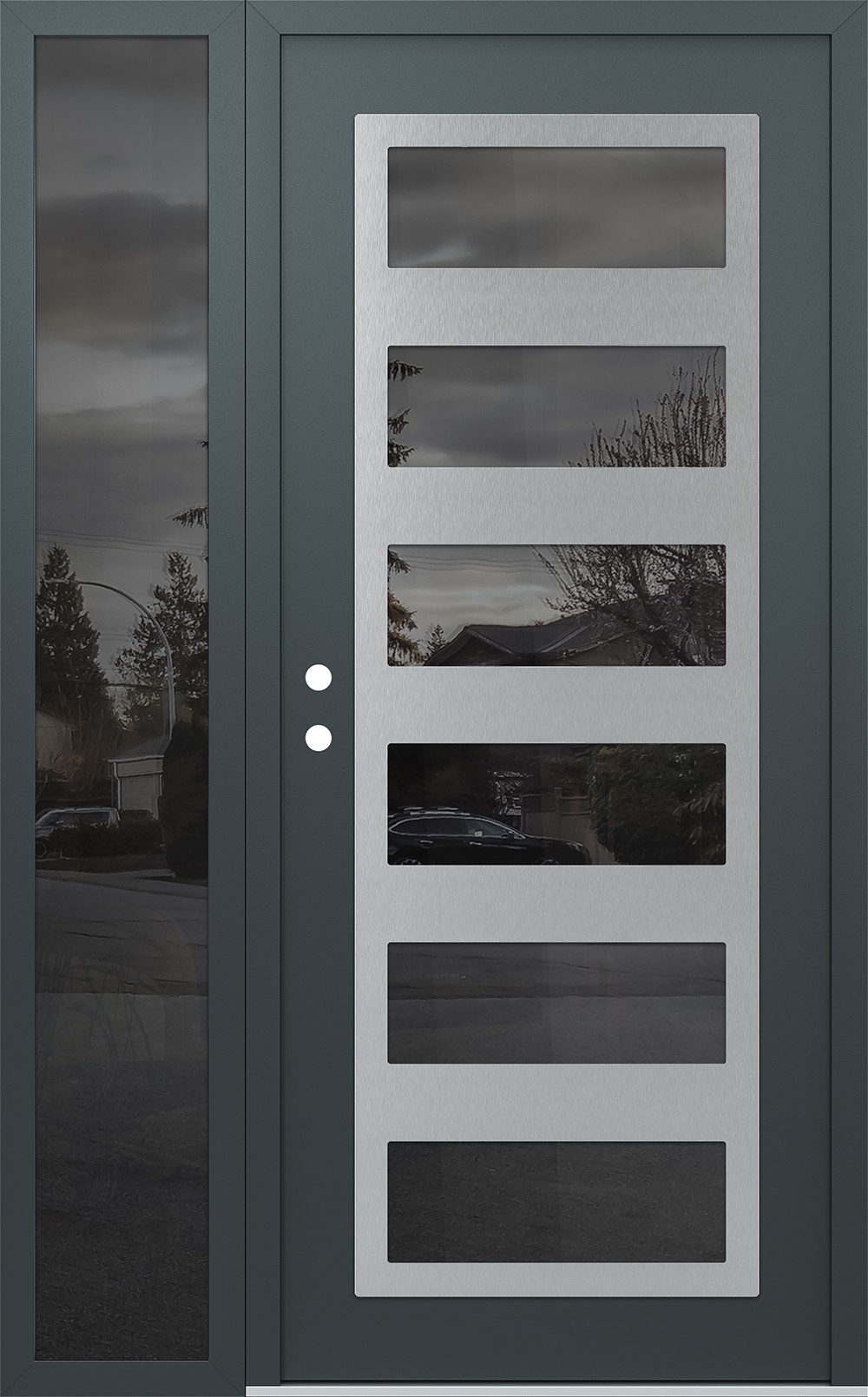 Modern Steel Front Door Diamond C9 52" x 80" anthracite/anthracite mirrored Glass Panel stainless steel RHI with Sidelite mirrored Glass
