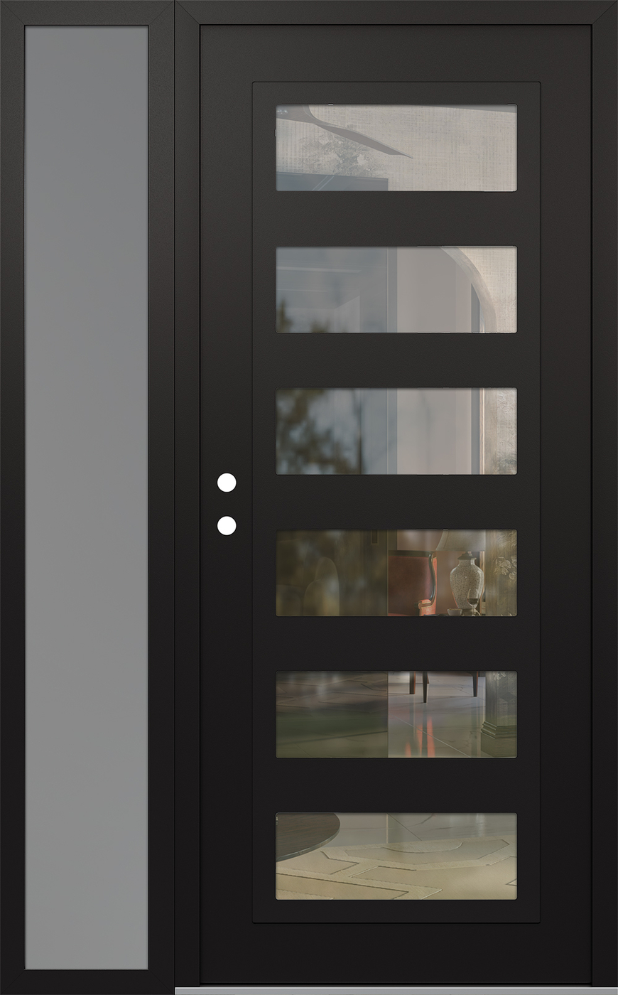 Modern Steel Front Door Diamond C9 52" x 80" black/black clear Glass Panel black RHI with Sidelite frosted Glass