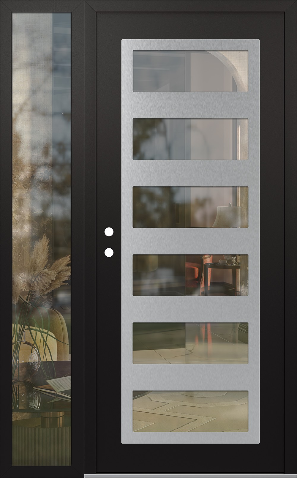 Modern Steel Front Door Diamond C9 52" x 80" black/black clear Glass Panel stainless steel RHI with Sidelite clear Glass