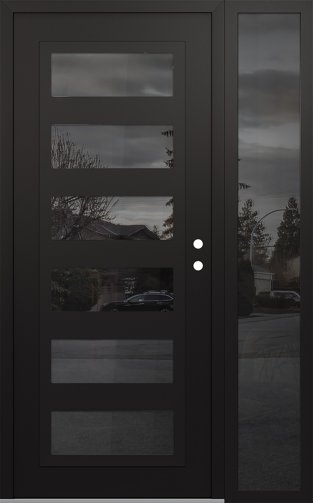 Modern Steel Front Door Diamond C9 52" x 80" black/black mirrored Glass Panel black LHI with Sidelite mirrored Glass
