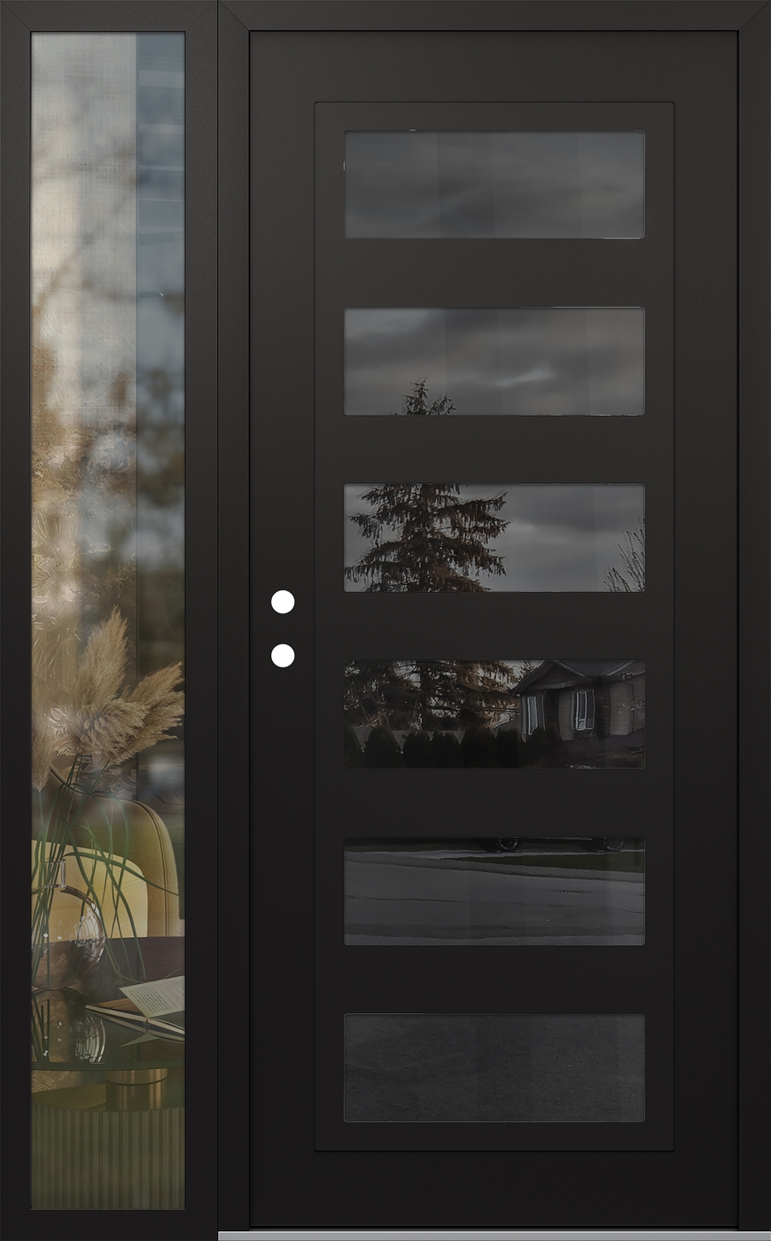 Modern Steel Front Door Diamond C9 52" x 80" black/black mirrored Glass Panel black RHI with Sidelite clear Glass