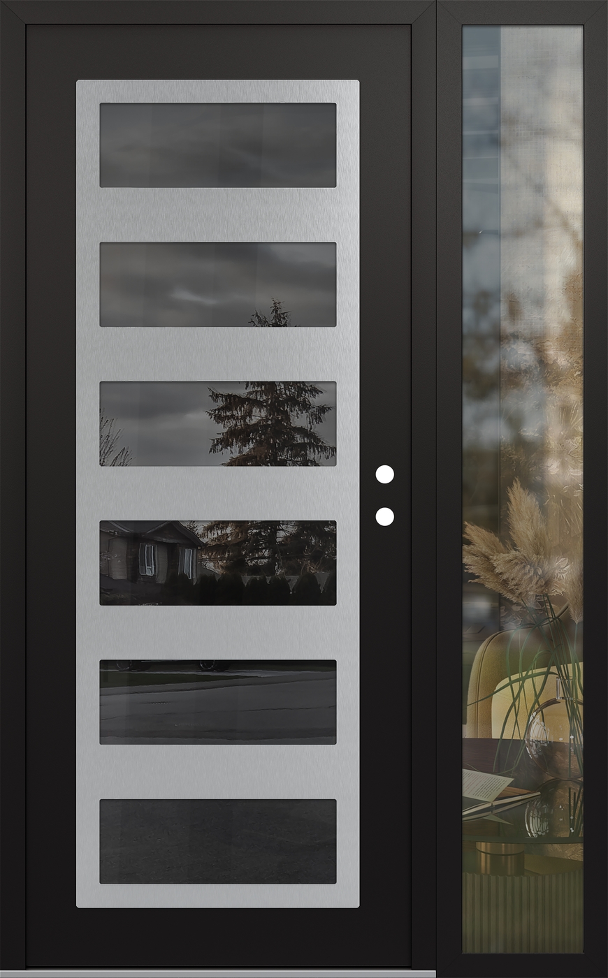 Modern Steel Front Door Diamond C9 52" x 80" black/black mirrored Glass Panel stainless steel LHI with Sidelite clear Glass