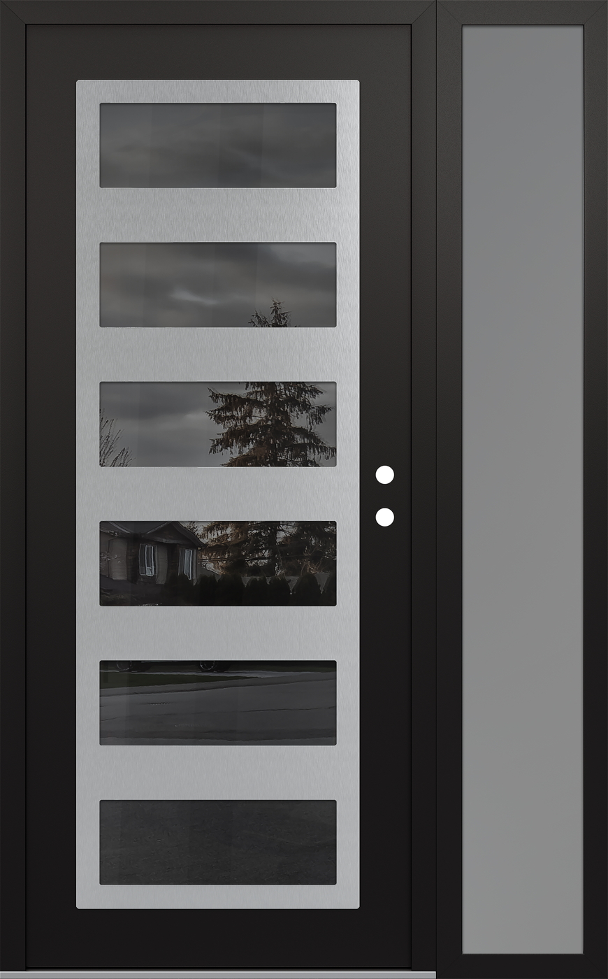 Modern Steel Front Door Diamond C9 52" x 80" black/black mirrored Glass Panel stainless steel LHI with Sidelite frosted Glass
