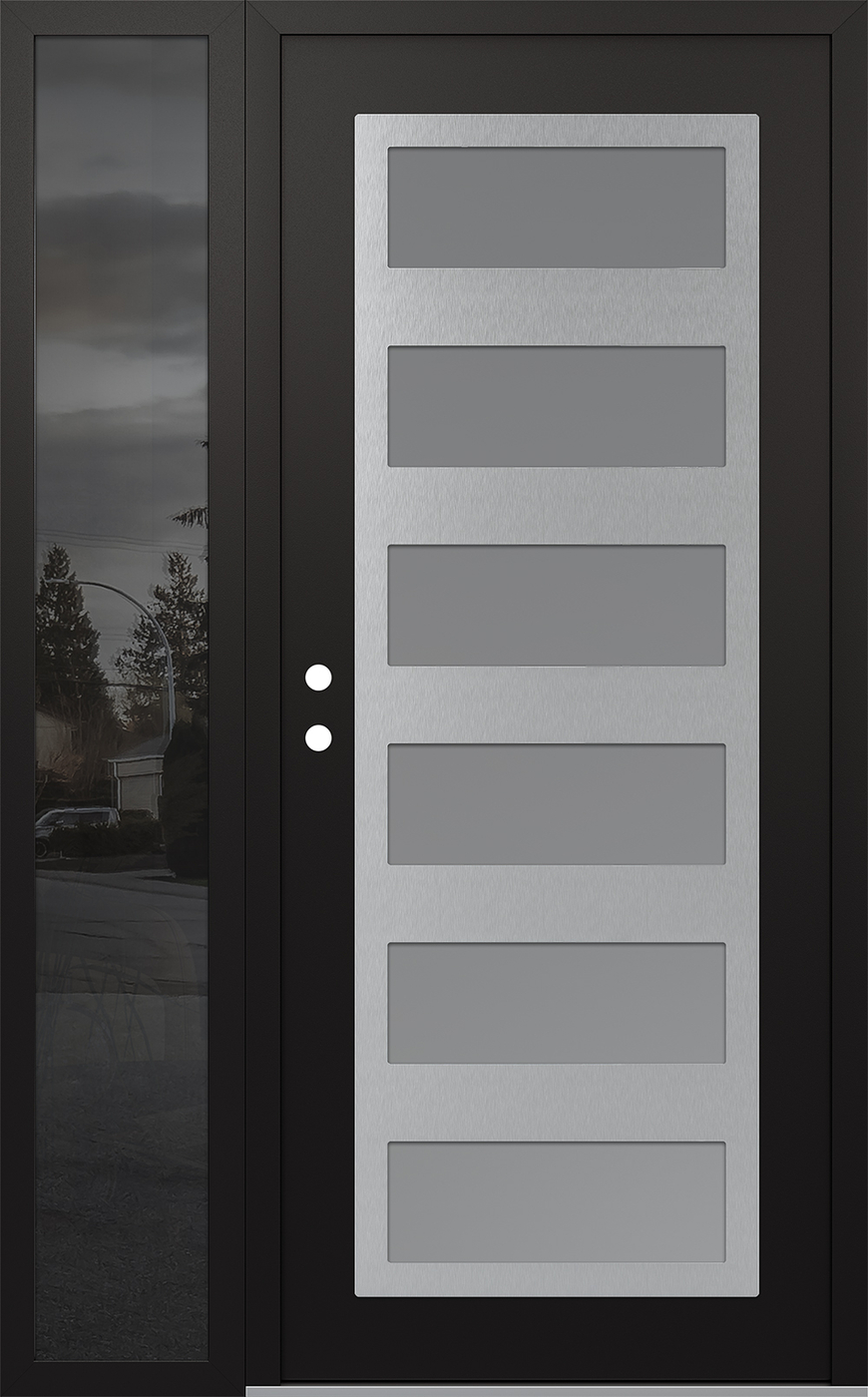 Modern Steel Front Door Diamond C9 52" x 80" black/white frosted Glass Panel stainless steel RHI with Sidelite mirrored Glass