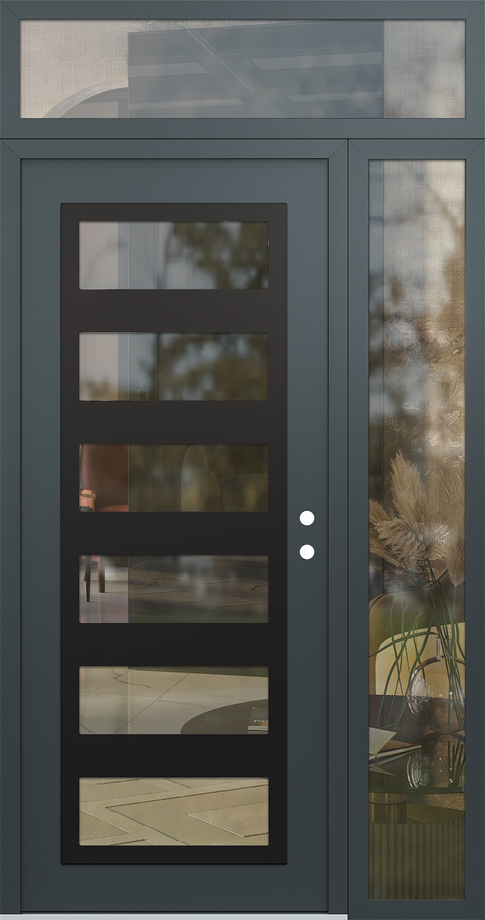 Modern Steel Front Door Diamond C9 52" x 96" anthracite/anthracite clear Glass Panel black LHI with Sidelite and Transom clear Glass