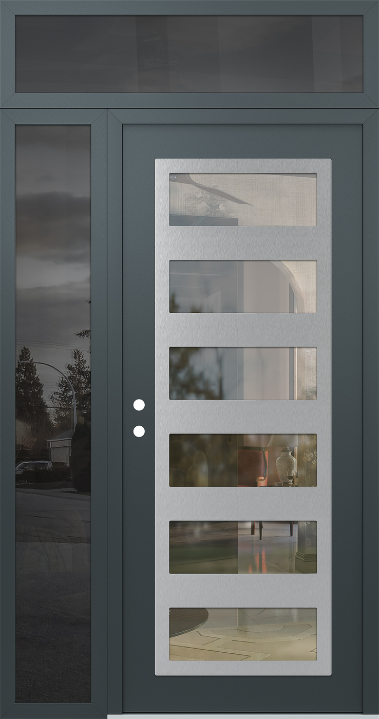 Modern Steel Front Door Diamond C9 52" x 96" anthracite/anthracite clear Glass Panel stainless steel RHI with Sidelite and Transom mirrored Glass