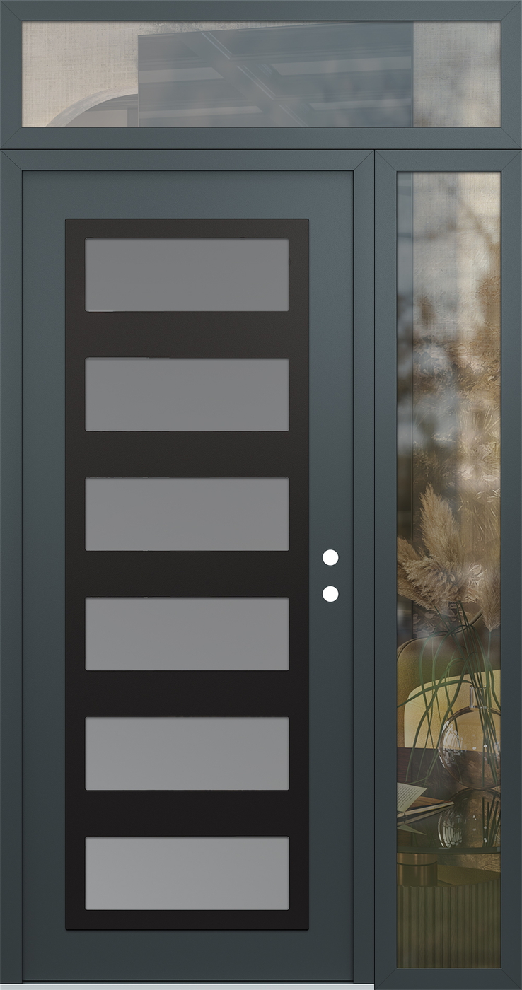 Modern Steel Front Door Diamond C9 52" x 96" anthracite/anthracite frosted Glass Panel black LHI with Sidelite and Transom clear Glass