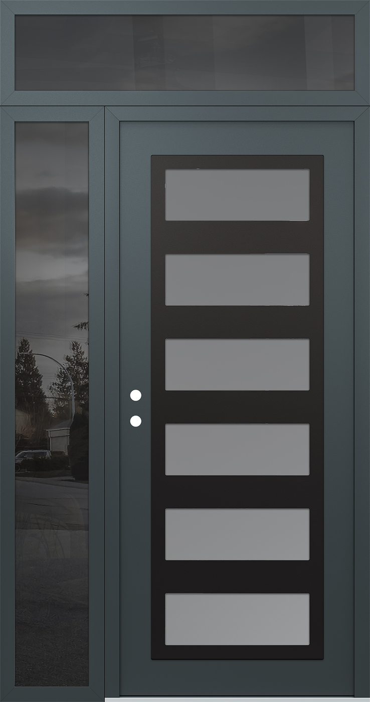 Modern Steel Front Door Diamond C9 52" x 96" anthracite/anthracite frosted Glass Panel black RHI with Sidelite and Transom mirrored Glass
