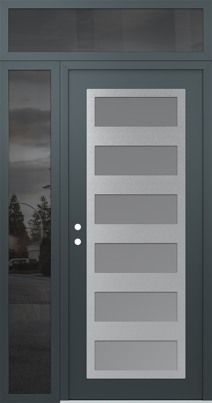 Modern Steel Front Door Diamond C9 52" x 96" anthracite/anthracite frosted Glass Panel stainless steel RHI with Sidelite and Transom mirrored Glass